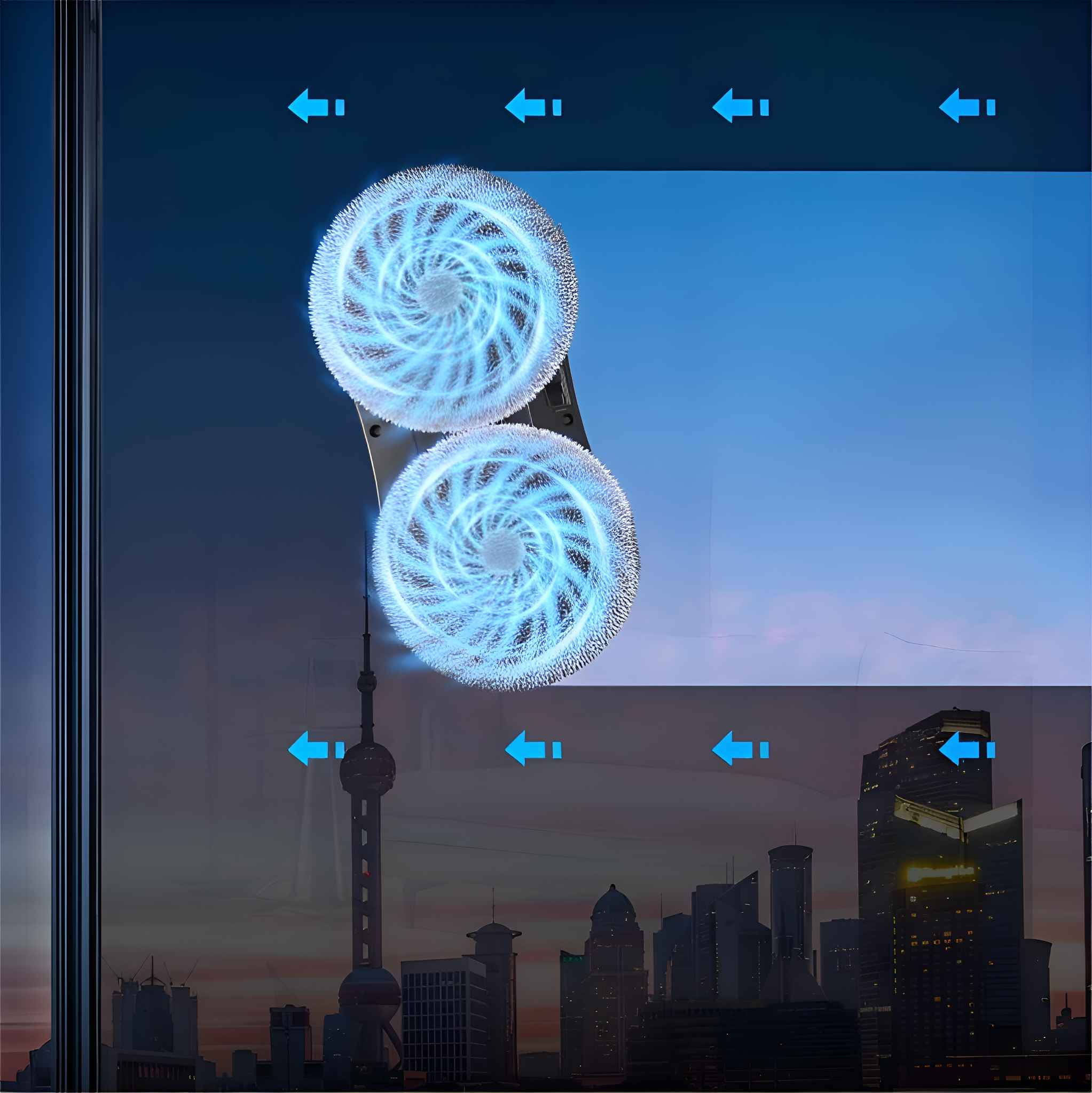 Fensterputzroboter mit rotierenden Pads. Blaue Pfeile zeigen die Reinigungsrichtung. Shanghai-Skyline im Hintergrund.
