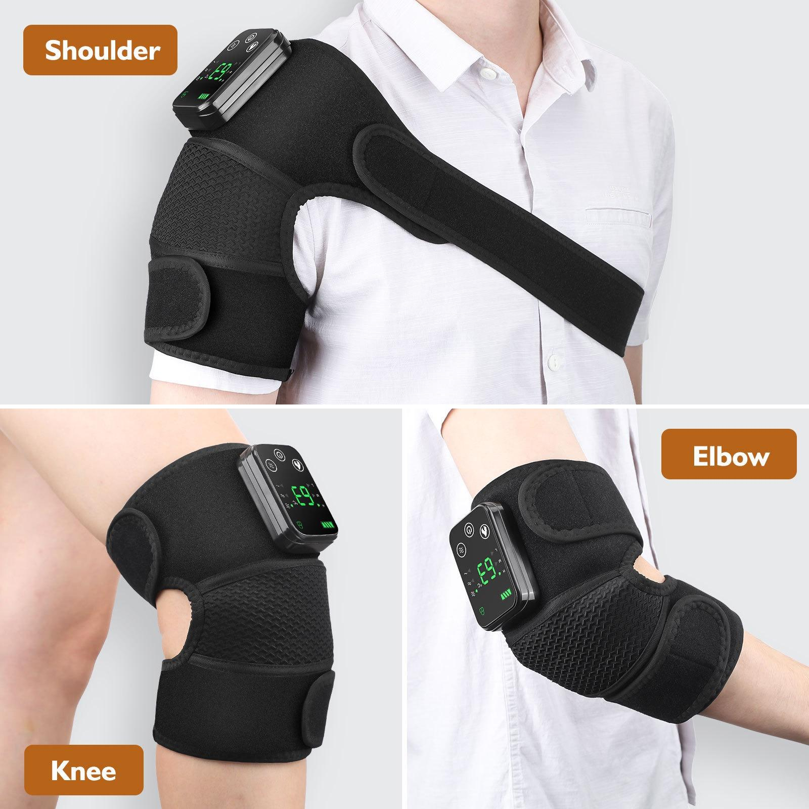 Ein Bild zeigt eine Person, die eine schwarze Schulterorthese mit digitaler Anzeige trägt. Knie und Ellbogen werden ebenfalls mit derselben Orthese gezeigt.