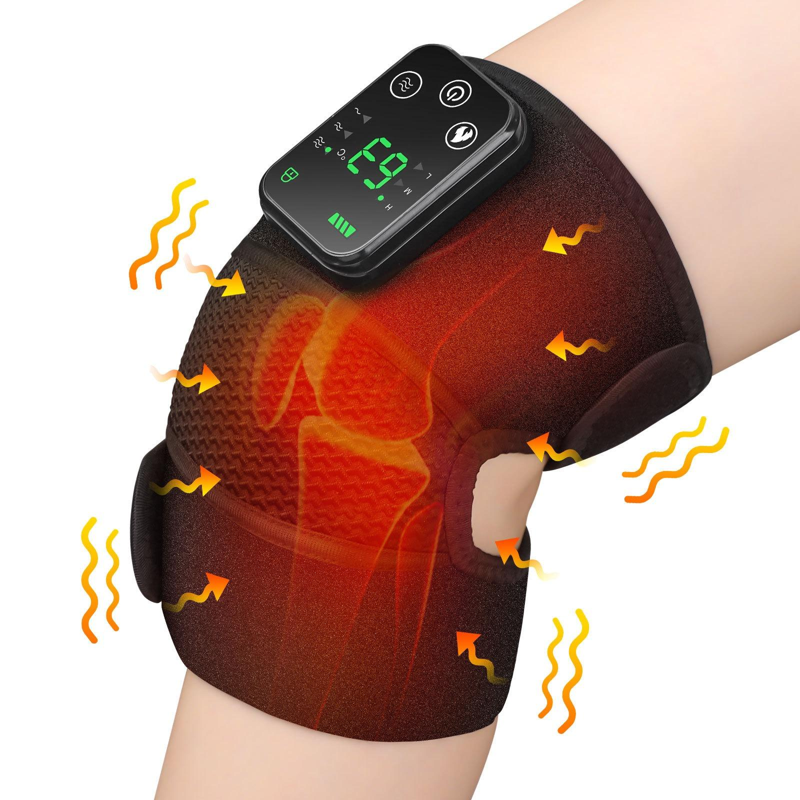 Eine Kniebandage mit Bedienfeld zeigt 69 Grad an. Pfeile und Wellensymbole deuten auf Wärmetherapie hin.