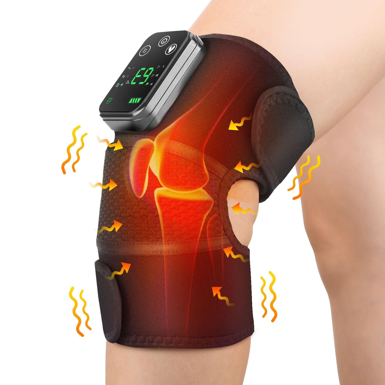 Eine Kniebandage mit einem angebrachten Gerät, das 69 Grad anzeigt. Pfeile und Hitzewellen zeigen Wärmetherapie an.