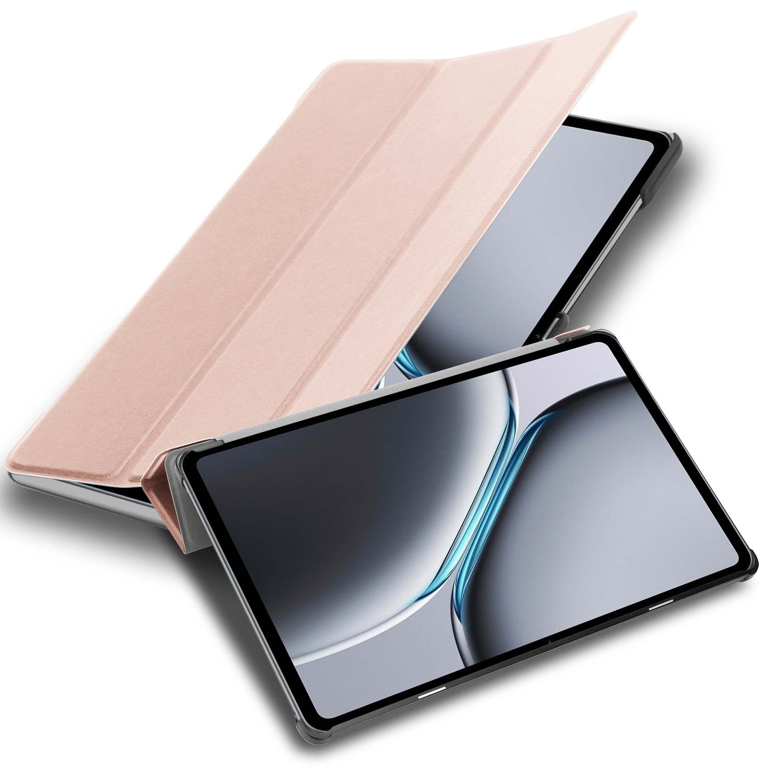 Zwei Tablets mit Hüllen, eines geöffnet. Die Hüllen sind hellrosa, Tablets haben schwarze Ränder und graue Bildschirme.
