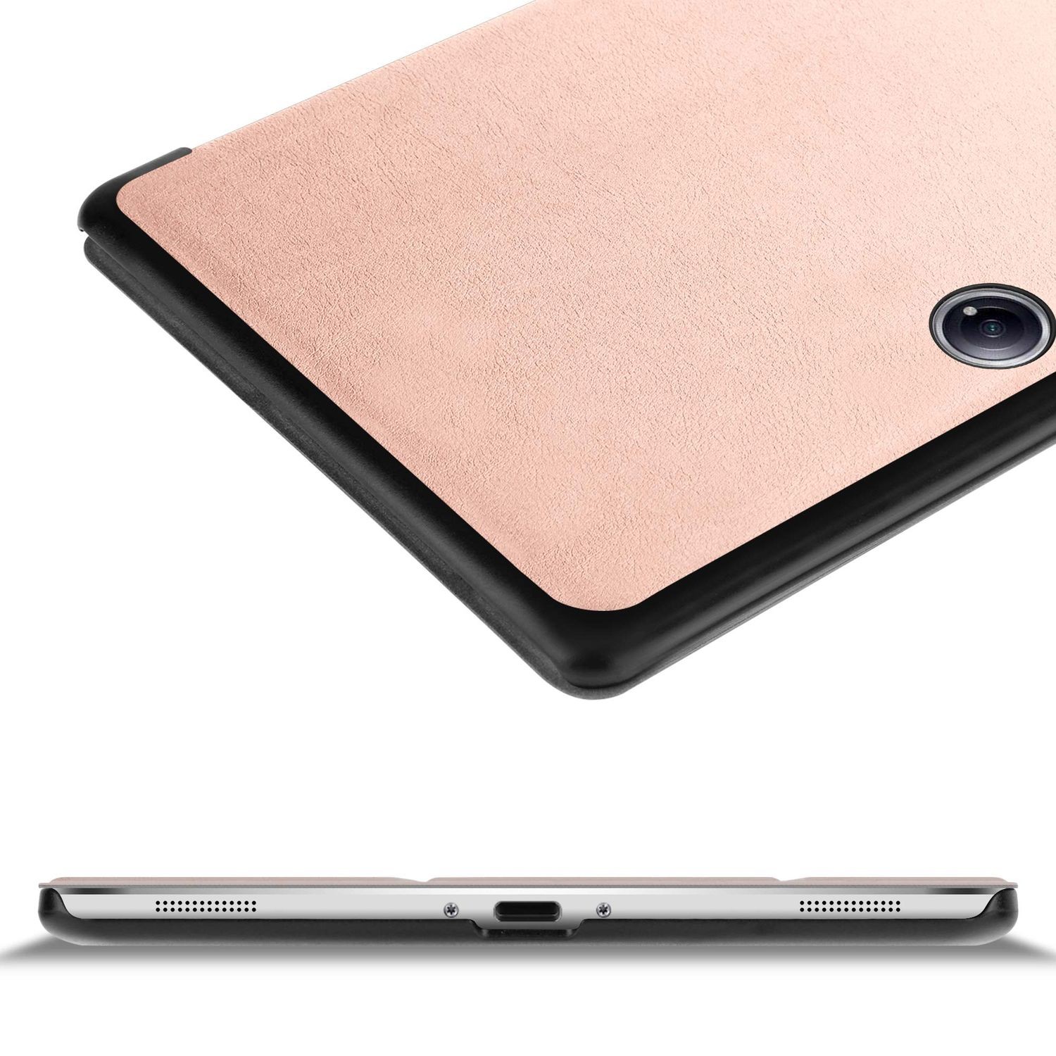 Eine rosa Tablet-Hülle mit schwarzem Rand. Der untere Rand zeigt Lautsprecherlöcher und einen Ladeanschluss. Die Kamera ist sichtbar.