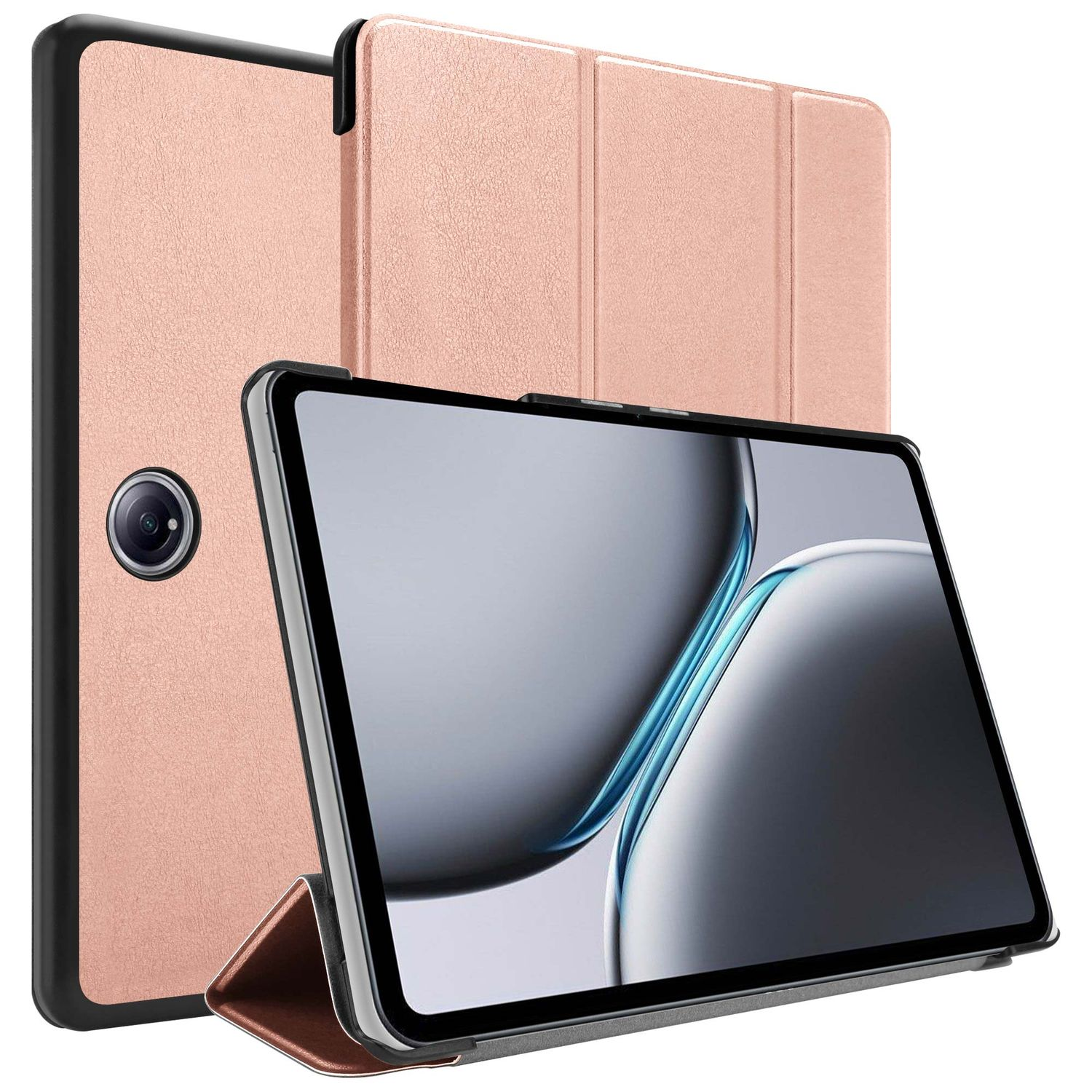 Ein Tablet mit roségoldfarbener Hülle und einem Bildschirm, der ein verschwommenes Bild zeigt. Die Hülle ist offen und stellt das Tablet auf.