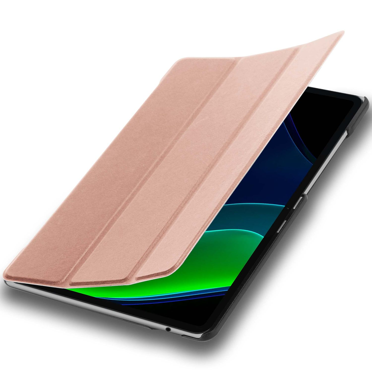 Eine roségoldene Tablethülle ist teilweise geöffnet und gibt den Tablet-Bildschirm frei. Der Bildschirm zeigt einen grün-blauen Farbverlauf.