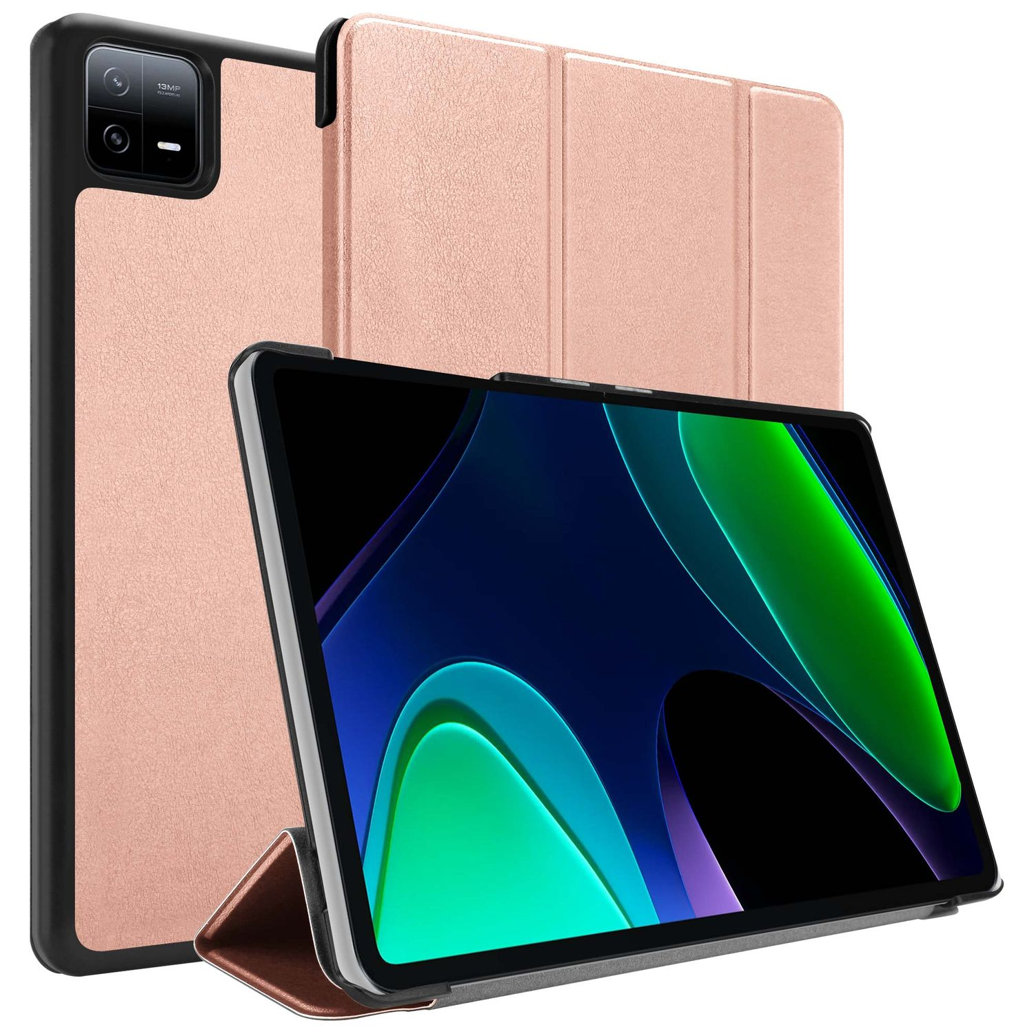 Ein Tablet mit roségoldfarbenem Gehäuse, schwarzem Rahmen und einem Bildschirm, der ein Hintergrundbild mit grünen und blauen Kurven zeigt.