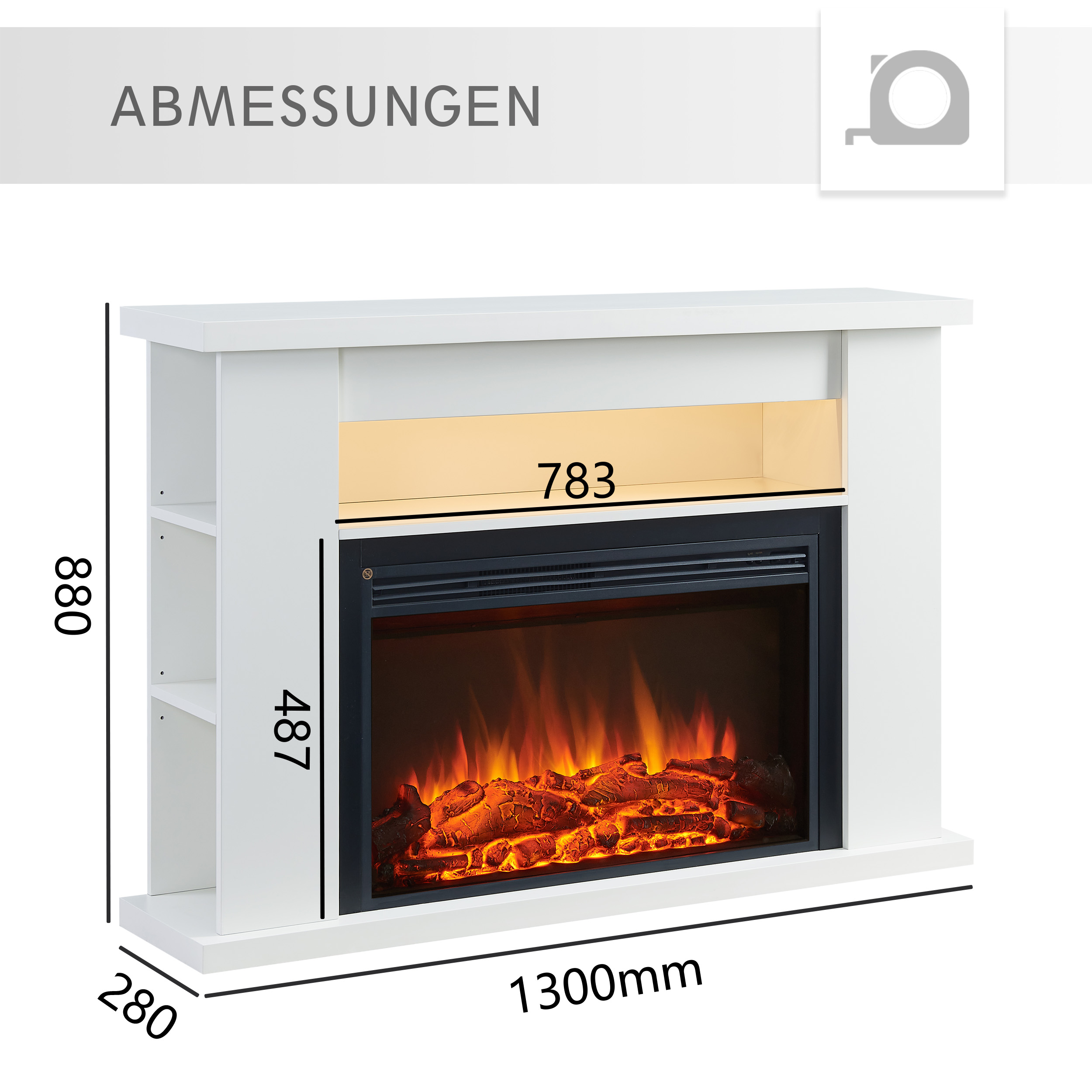 Ein weißer Kamin mit Flammeneffekt. Abmessungen: 1300 mm breit, 880 mm hoch, 280 mm tief, Feuerbereich 487x783 mm.