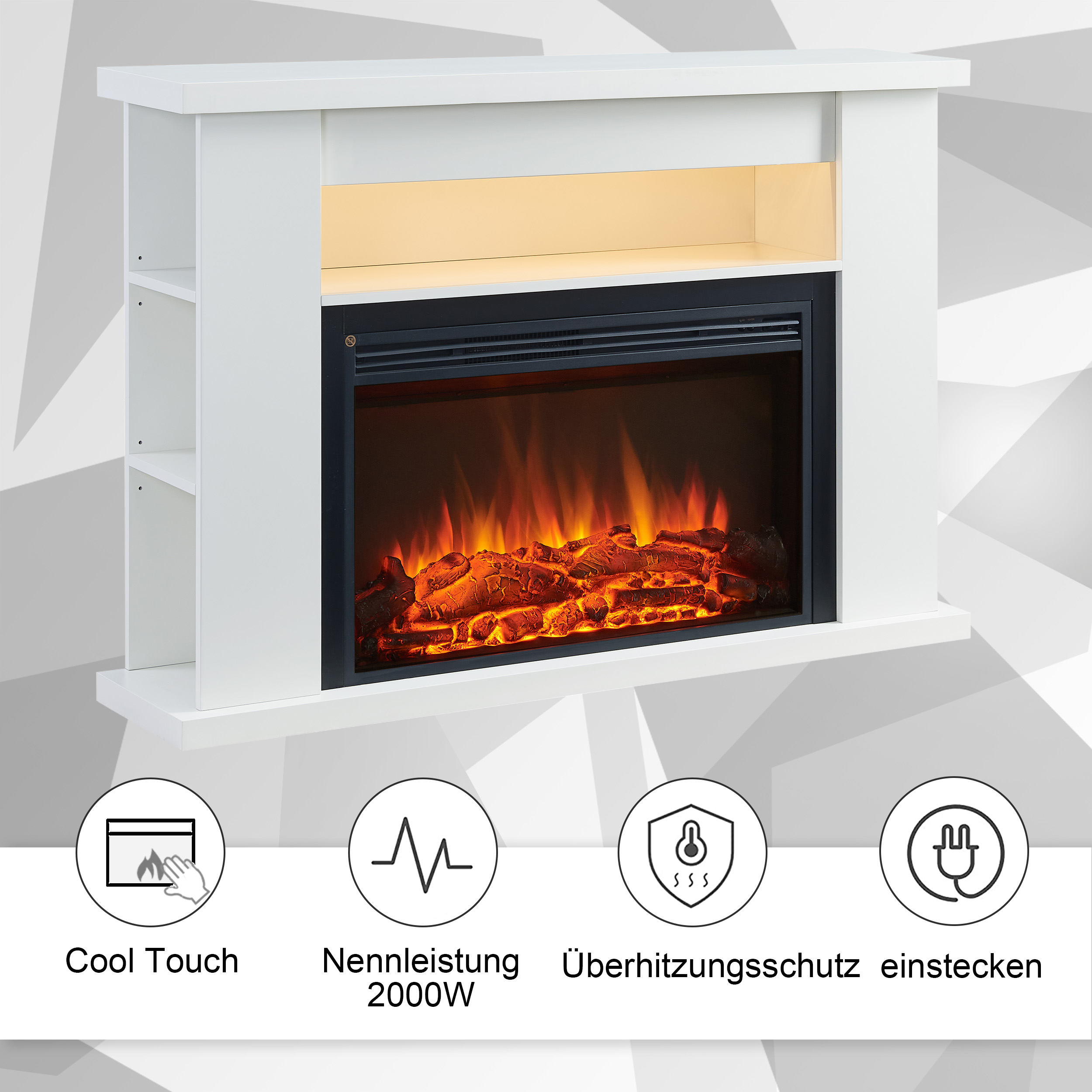 Weißer elektrischer Kamin mit flammendem Feuereffekt. Enthält Sicherheitssymbole und Textbeschreibungen.