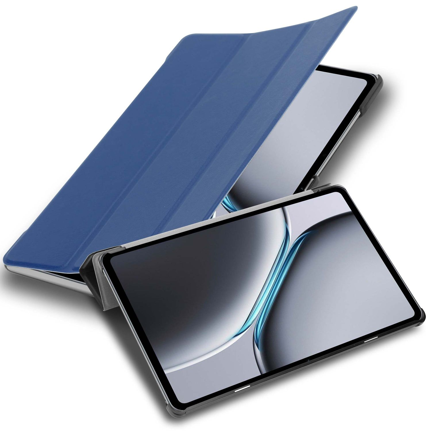 Zwei Tablets mit blauen Hüllen, eines offen. Die Bildschirme zeigen ein geschwungenes Design. Der Hintergrund ist weiß.