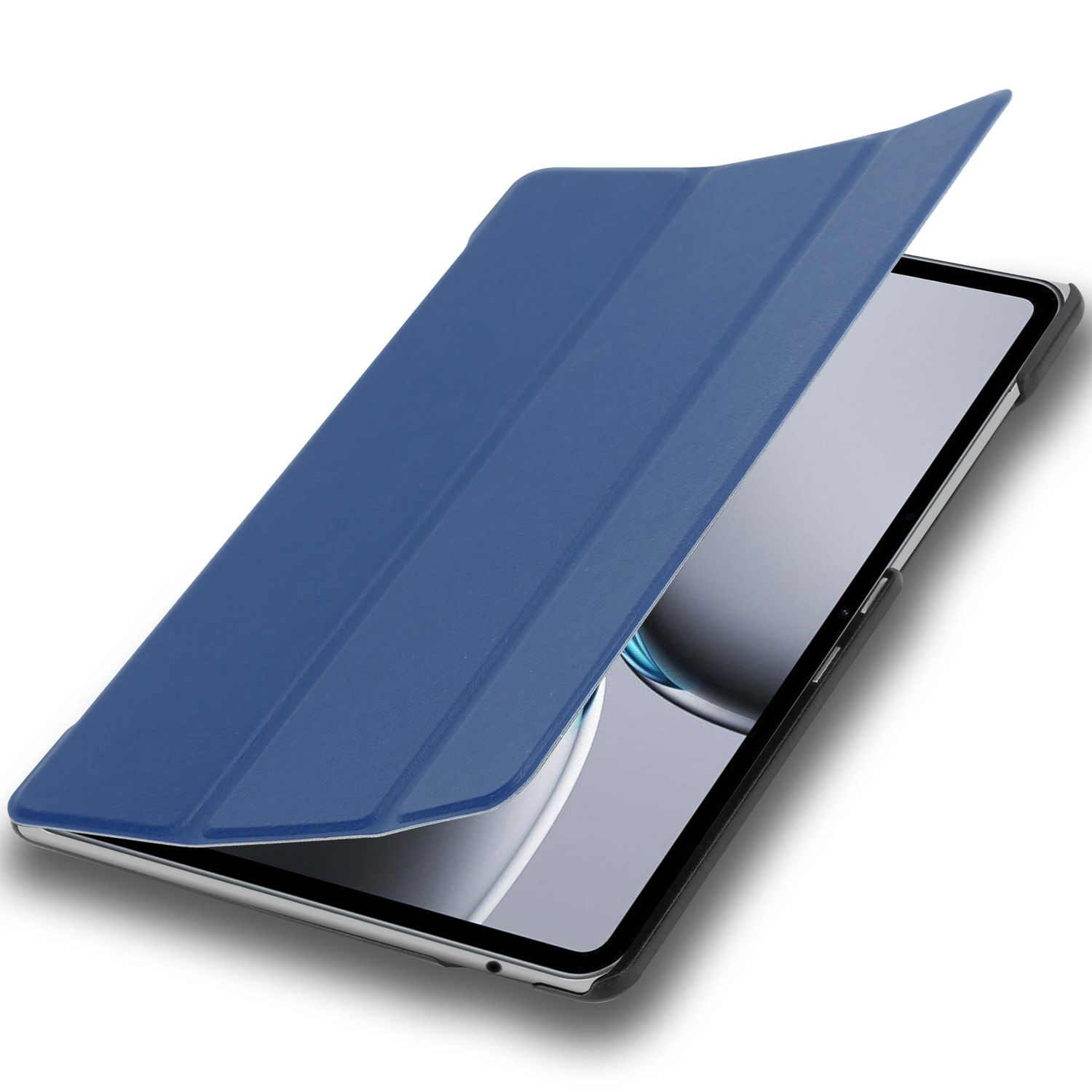 Eine blaue Tablethülle ist geöffnet. Der Tablet-Bildschirm ist sichtbar. Die Hülle liegt auf einer weißen Oberfläche.