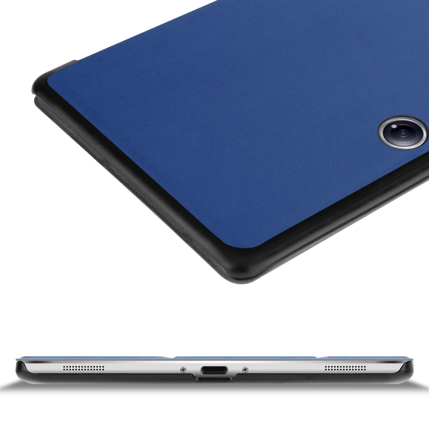 Blaue Tablethülle mit schwarzem Rand, Kamera und Lautsprecherlöchern. Der Boden zeigt die Kante des Tablets.