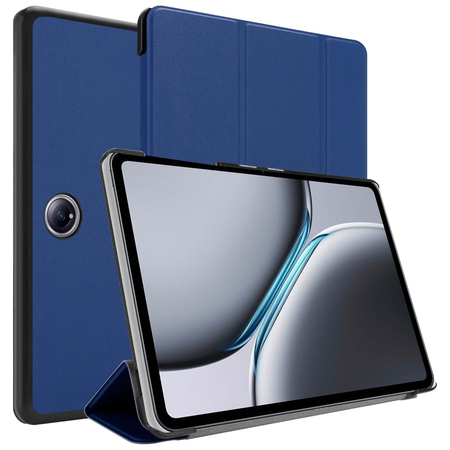 Ein Tablet mit blauem Gehäuse wird angezeigt. Der Tablet-Bildschirm zeigt ein verschwommenes Bild. Das Gehäuse ist offen und stützt das Tablet.