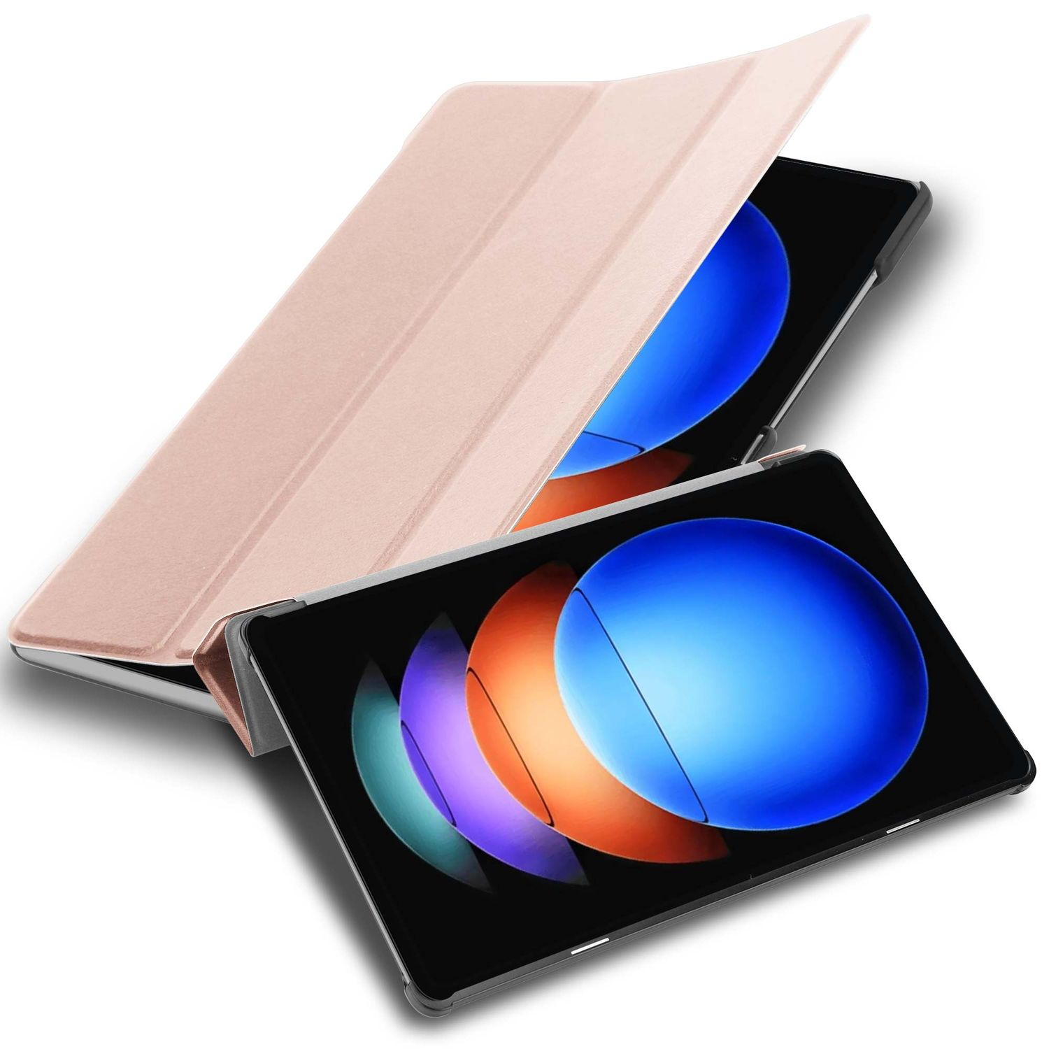 Ein Tablet mit rosafarbenem Gehäuse wird angezeigt. Der Bildschirm zeigt ein blaues, orangefarbenes, lila und türkisfarbenes Design.