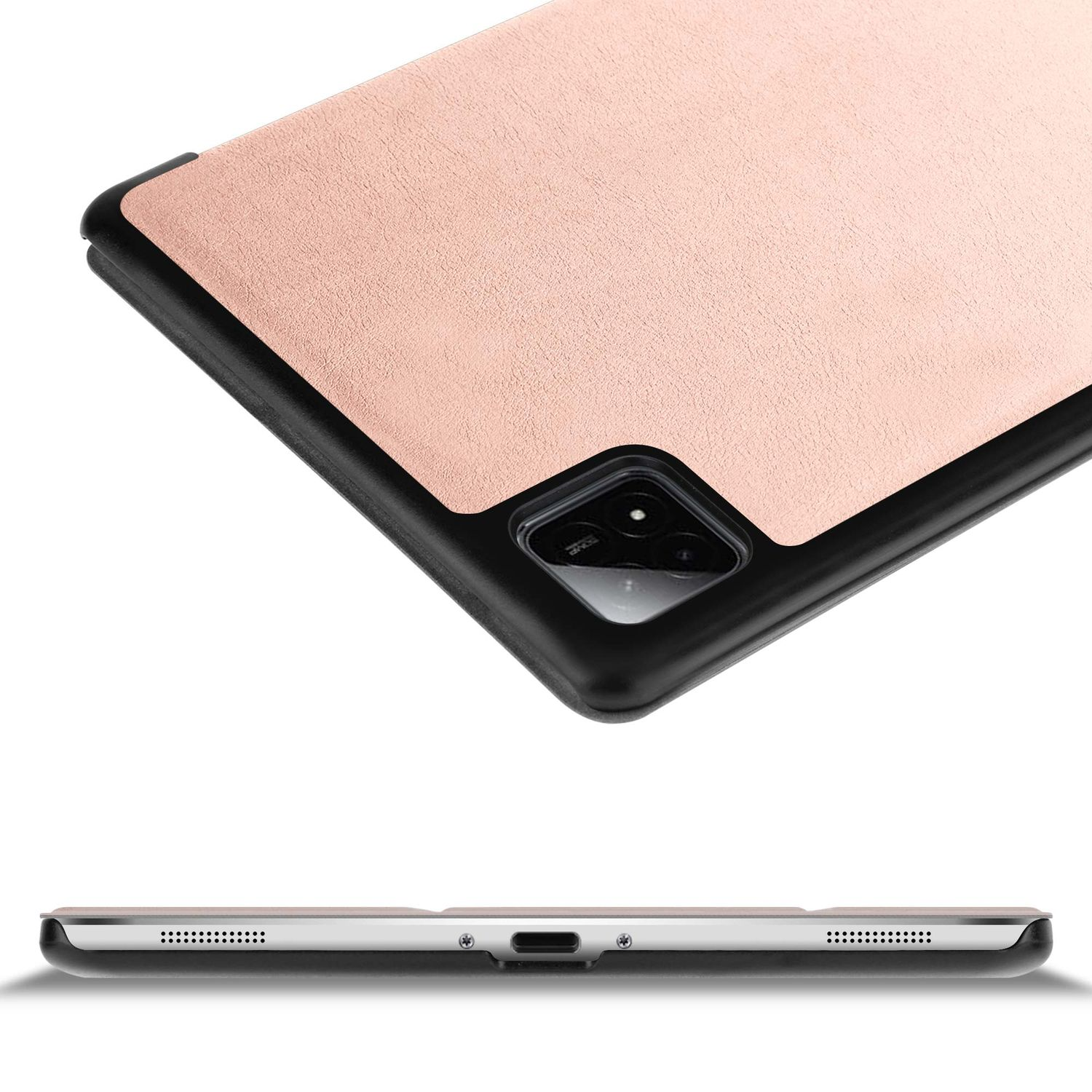 Eine Tablet-Hülle mit rosa, strukturierter Oberfläche und schwarzem Rahmen. Die Unterkante zeigt Lautsprecher und einen Ladeanschluss.
