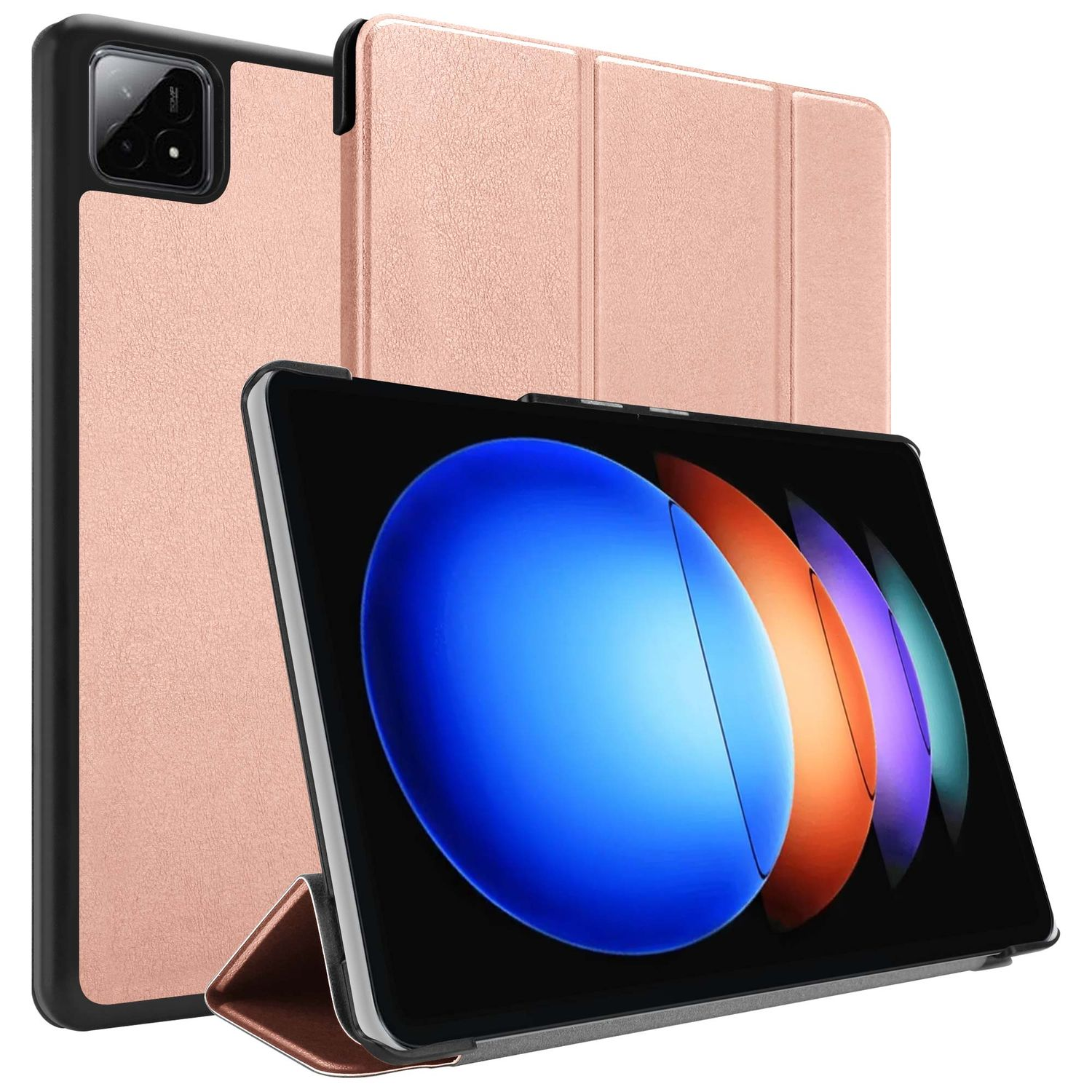 Tablet mit roségoldfarbener Hülle und Ständer. Der Bildschirm zeigt ein blaues, oranges und violettes abstraktes Design.