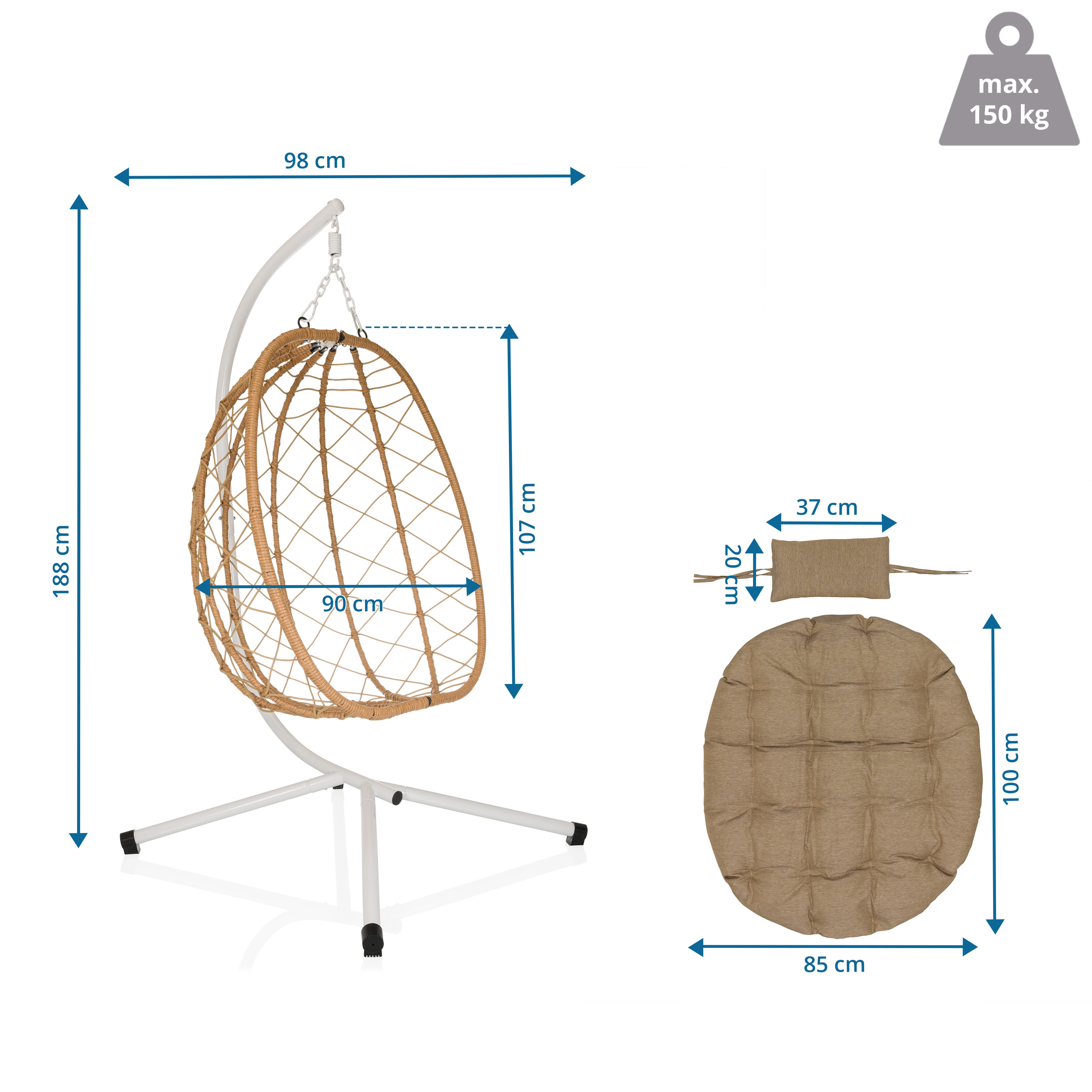 Ein Rattanhängestuhl mit Größenangaben. Inklusive Kissen und Polster. Eine Gewichtsbegrenzung von 150 kg ist angegeben.