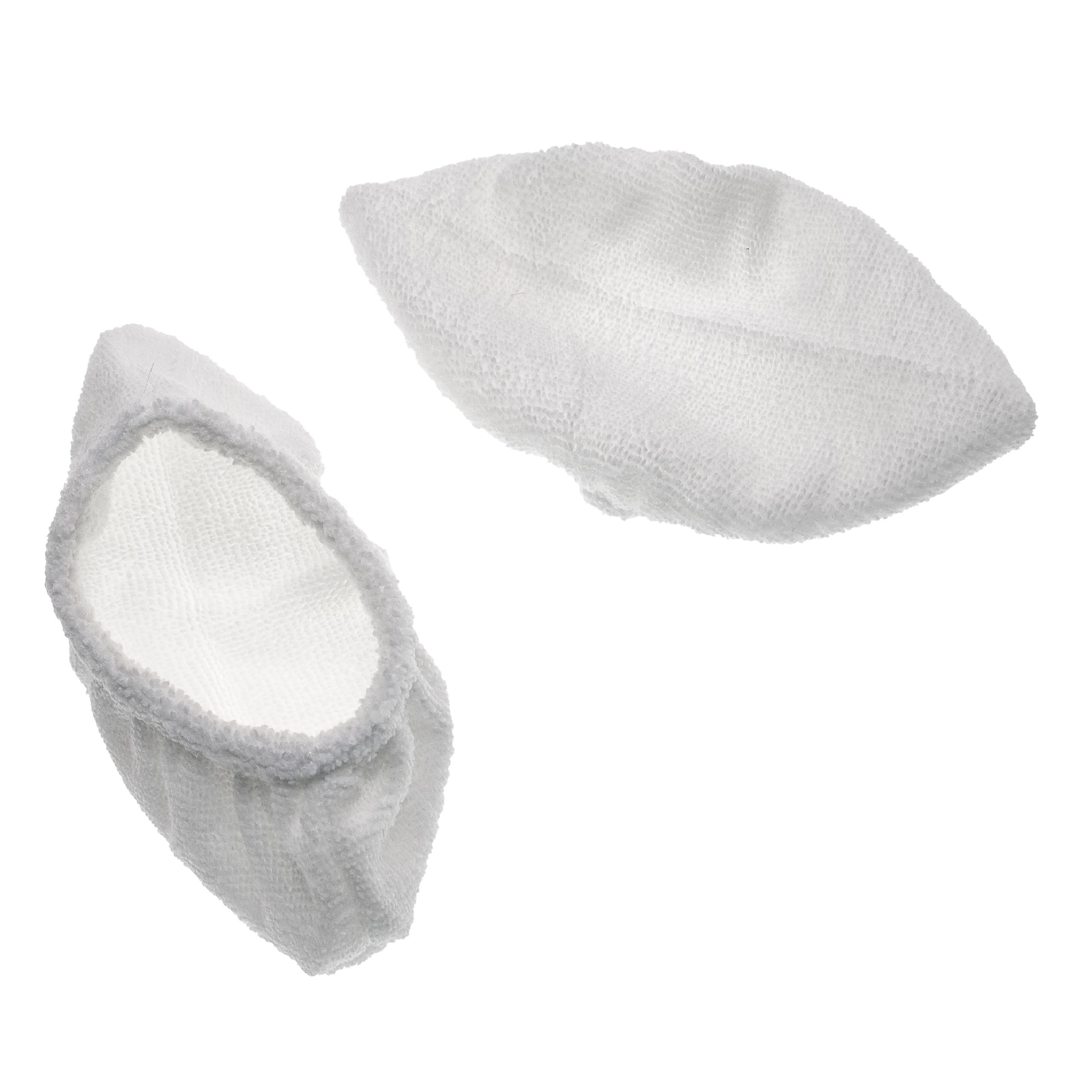 Zwei weiße Mopppads vor weißem Hintergrund. Eines ist offen, das andere geschlossen.