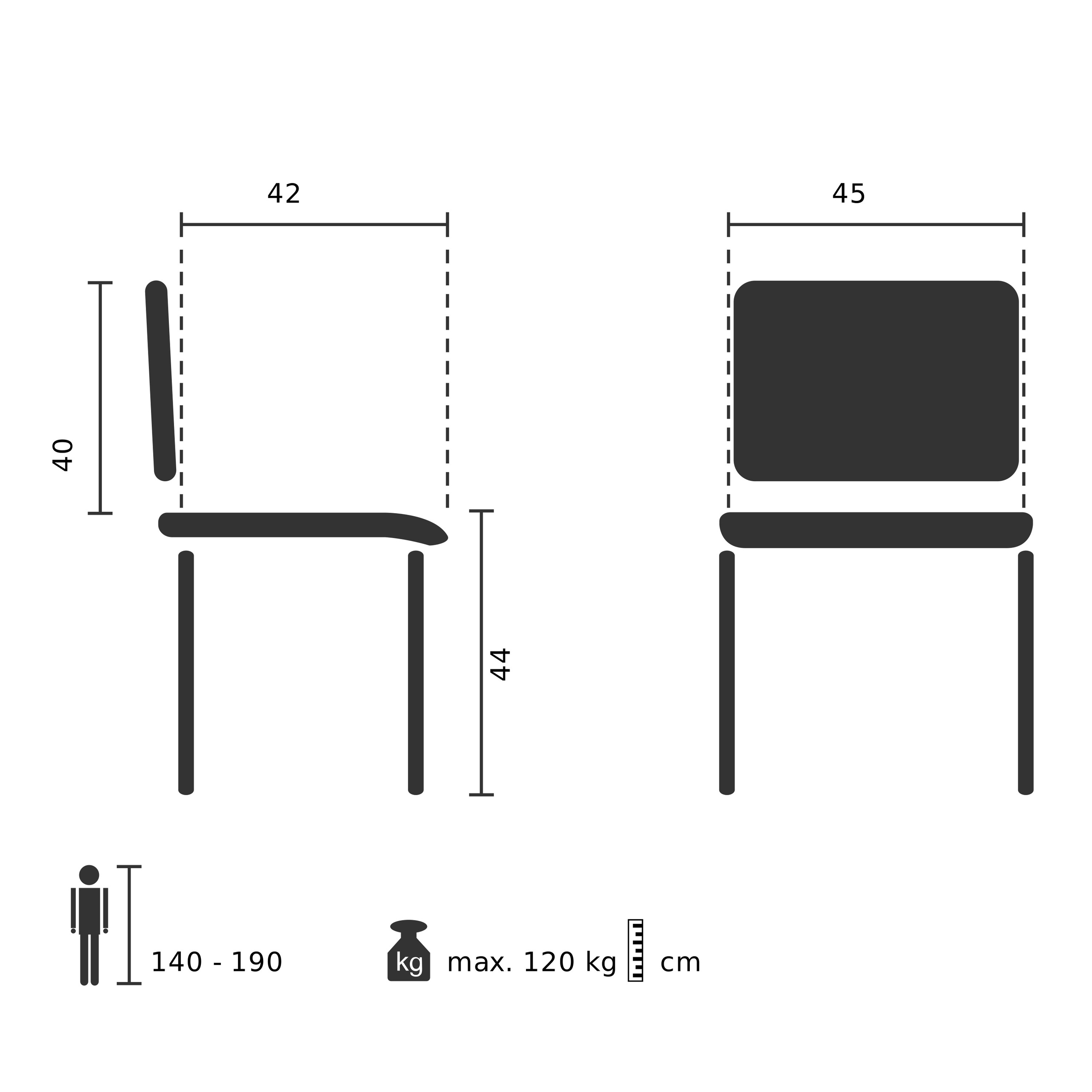 Diagramm eines Stuhls mit Abmessungen. Zeigt Höhe, Breite und Gewichtsgrenzen. Enthält eine menschliche Figur und cm-Maße.