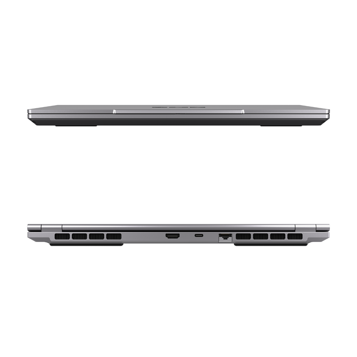 Ein silberner Laptop wird von der Seite, oben und unten, gezeigt. Die Draufsicht zeigt den geschlossenen Deckel, die Unterseite hat Anschlüsse und Lüfter.