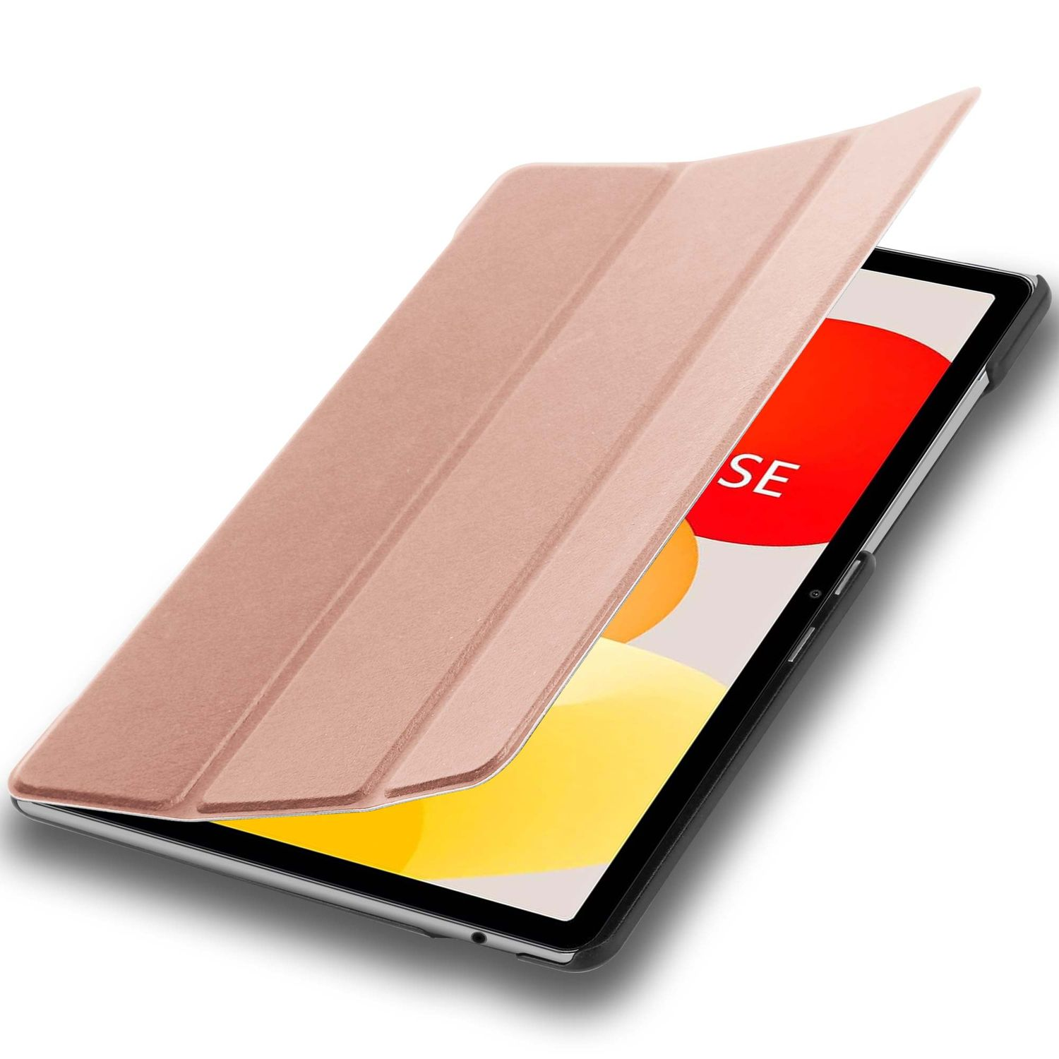 Un étui de tablette en or rose est partiellement ouvert, révélant l'écran avec une image rouge et jaune et les lettres 'SE'.