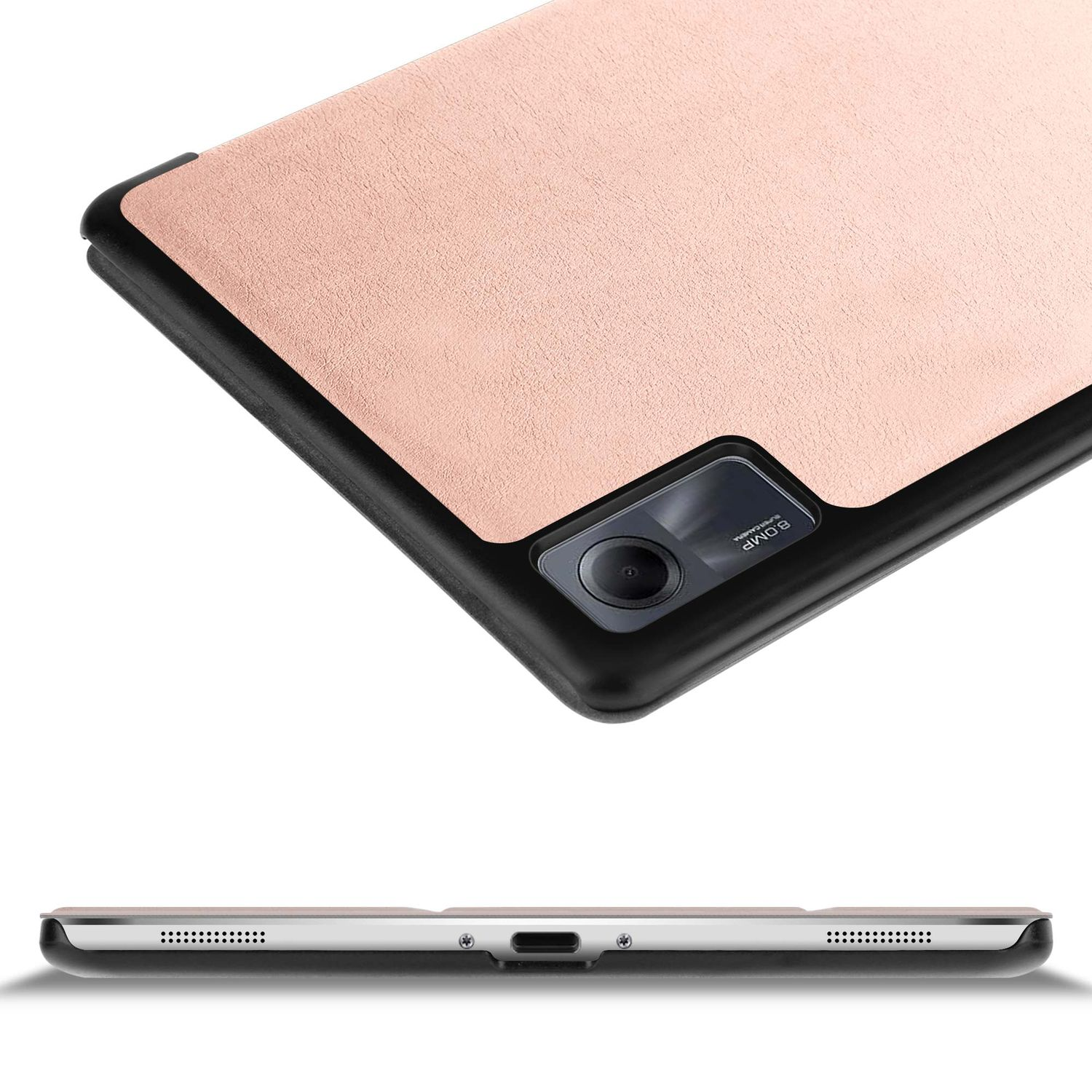 Une tablette dans un étui rose. L'étui a un cadre noir, avec une caméra et des trous de haut-parleur visibles. La tablette est inclinée.