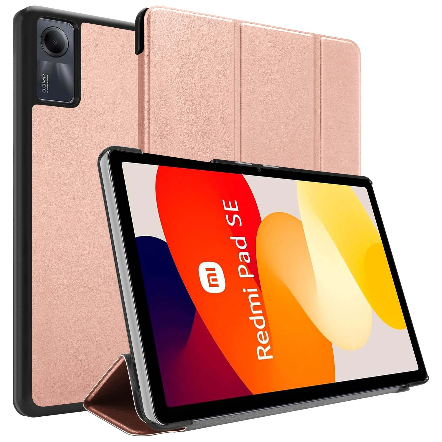 Tablette Redmi Pad SE dans un étui or rose. L'écran affiche un design abstrait coloré avec le texte "Redmi Pad SE".