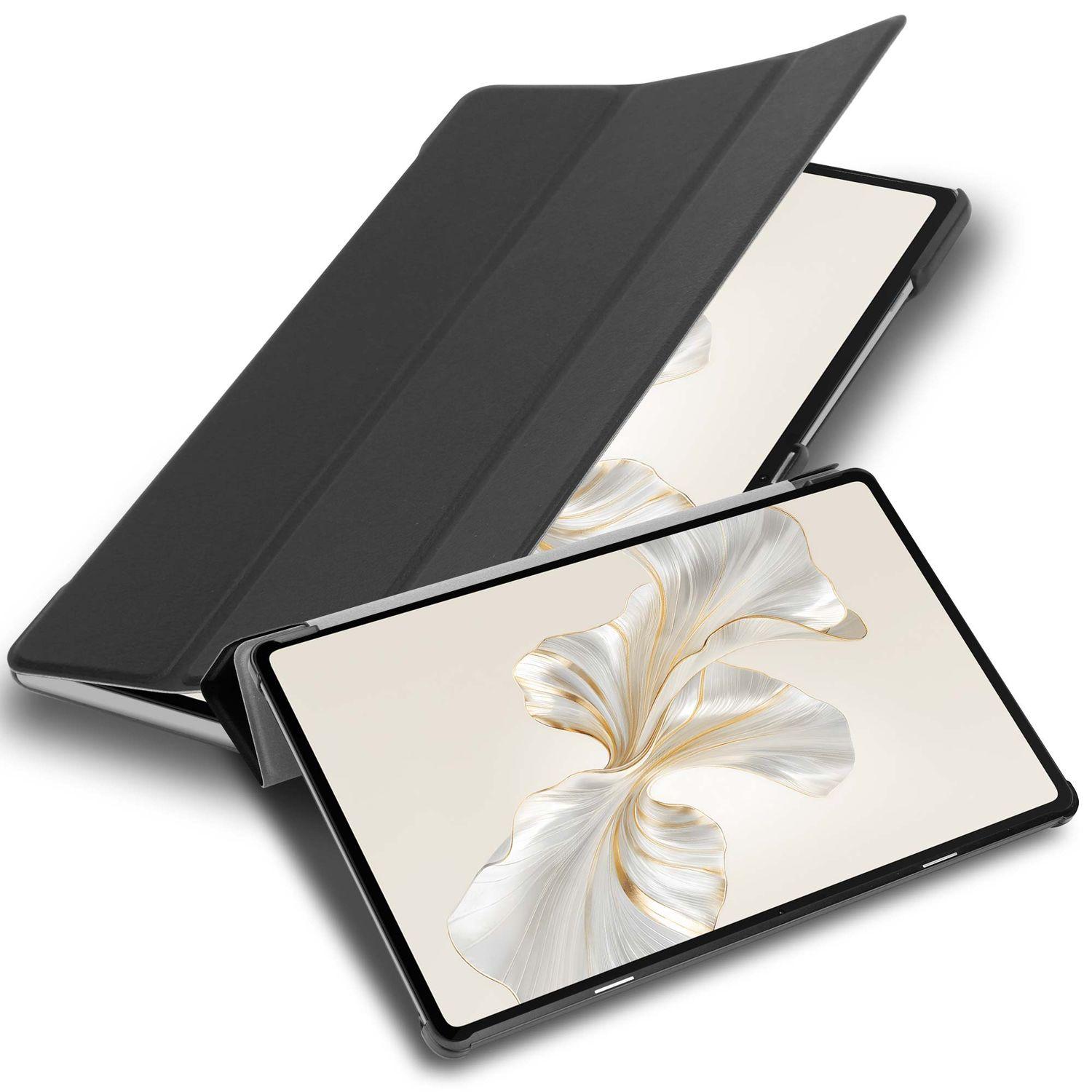 Zwei Tablets mit schwarzen Hüllen. Eine Hülle ist geöffnet und zeigt einen cremefarbenen Bildschirm mit weißem und goldenem Blumendesign.