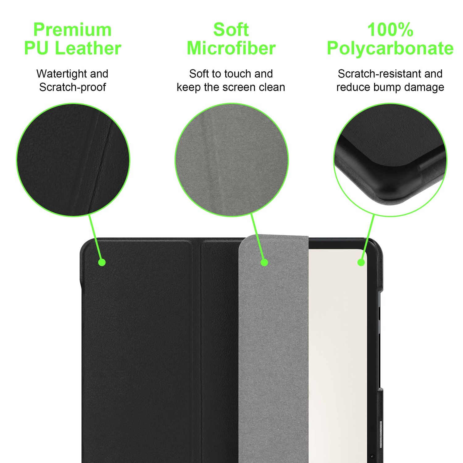 Eine offene Tablethülle. Sie zeigt die Materialien: PU-Leder, Mikrofaser und Polycarbonat. Jedes ist mit Vorteilen versehen.