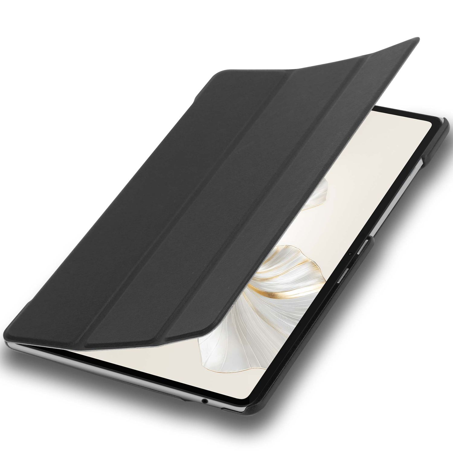 Ein schwarzes Tablet mit leicht geöffneter Hülle. Der Bildschirm zeigt ein abstraktes weißes und goldenes Design. Der Hintergrund ist weiß.