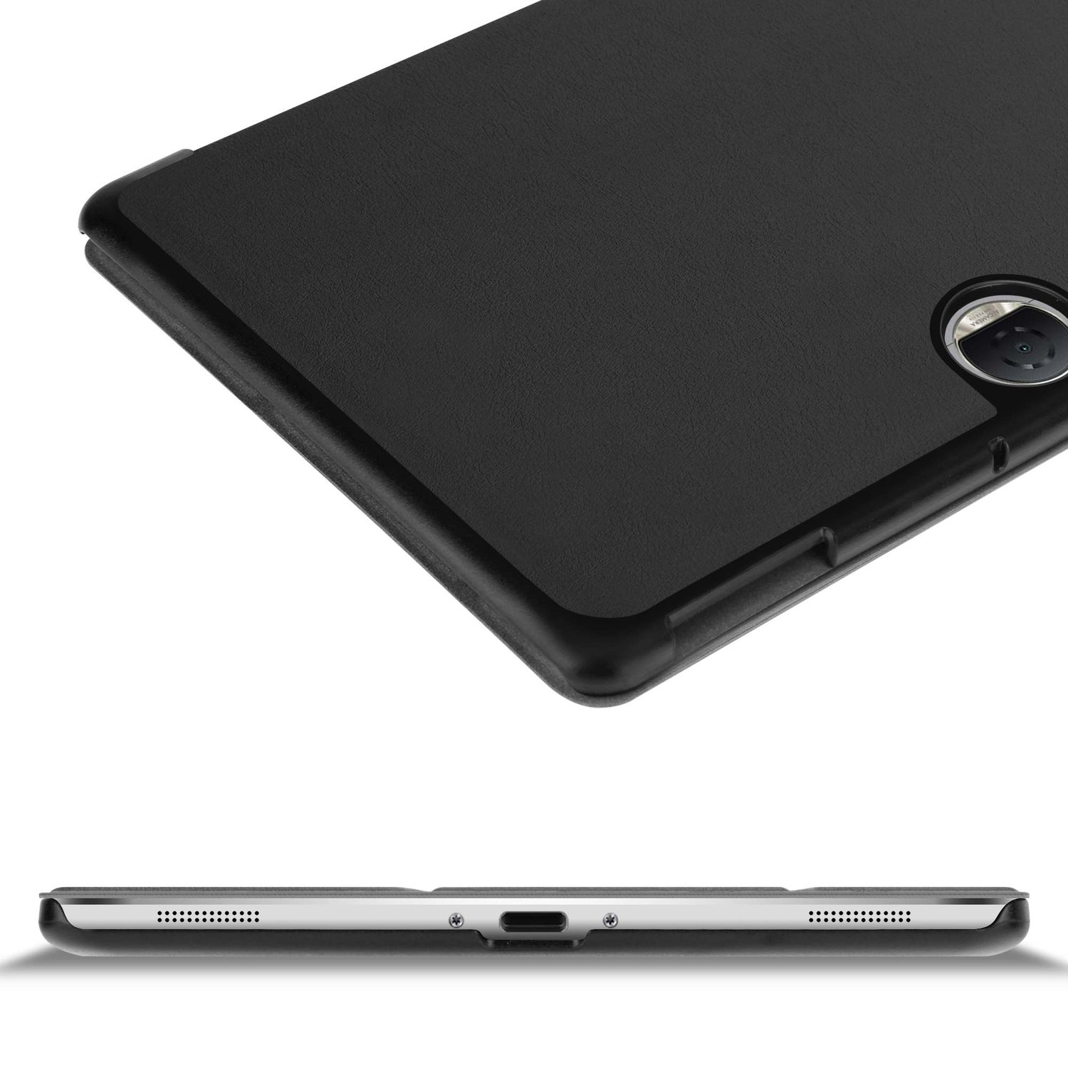 Eine schwarze Tablethülle, teilweise geöffnet. Die Hülle ist strukturiert. Die Unterseite zeigt die Seite des Tablets mit Lautsprechern und einem Anschluss.