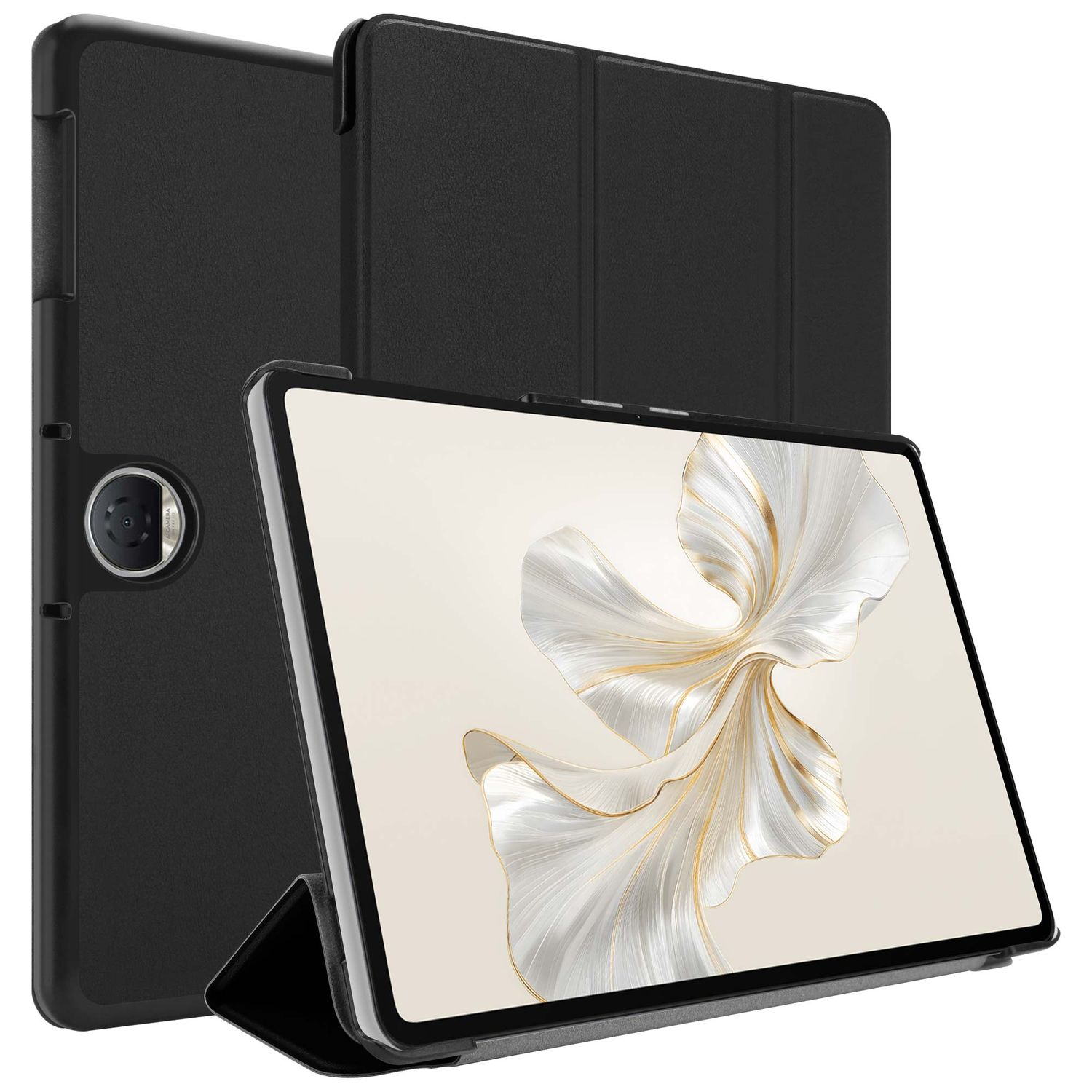 Ein schwarzes Tablet mit einem Bildschirm, der ein gold-weißes Design zeigt, ist in einer Hülle aufgestellt. Eine weitere geschlossene Hülle befindet sich dahinter.