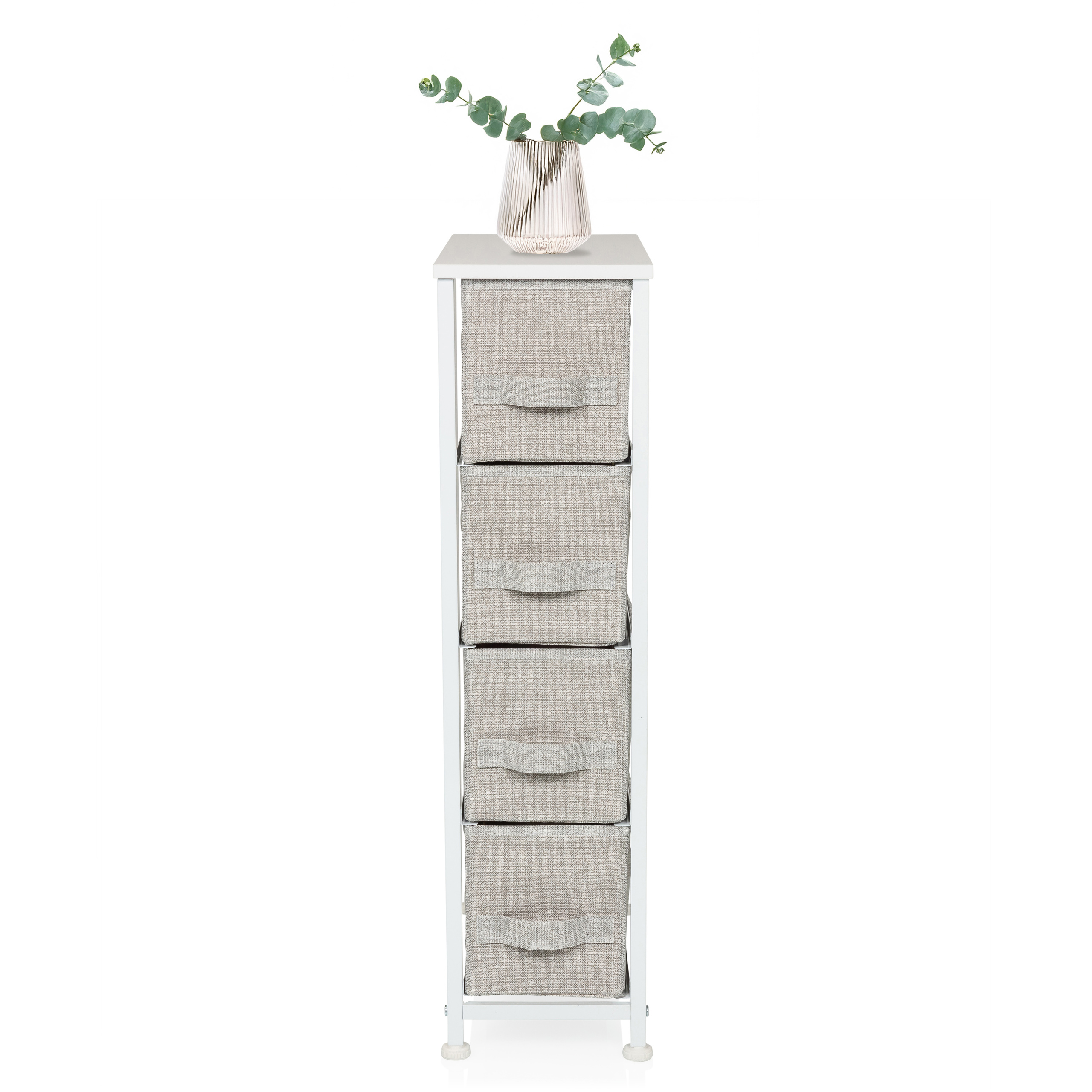 Ein weißer Aufbewahrungsschrank mit vier Schubladen. Oben steht eine Vase mit Eukalyptus. Weißer Hintergrund.