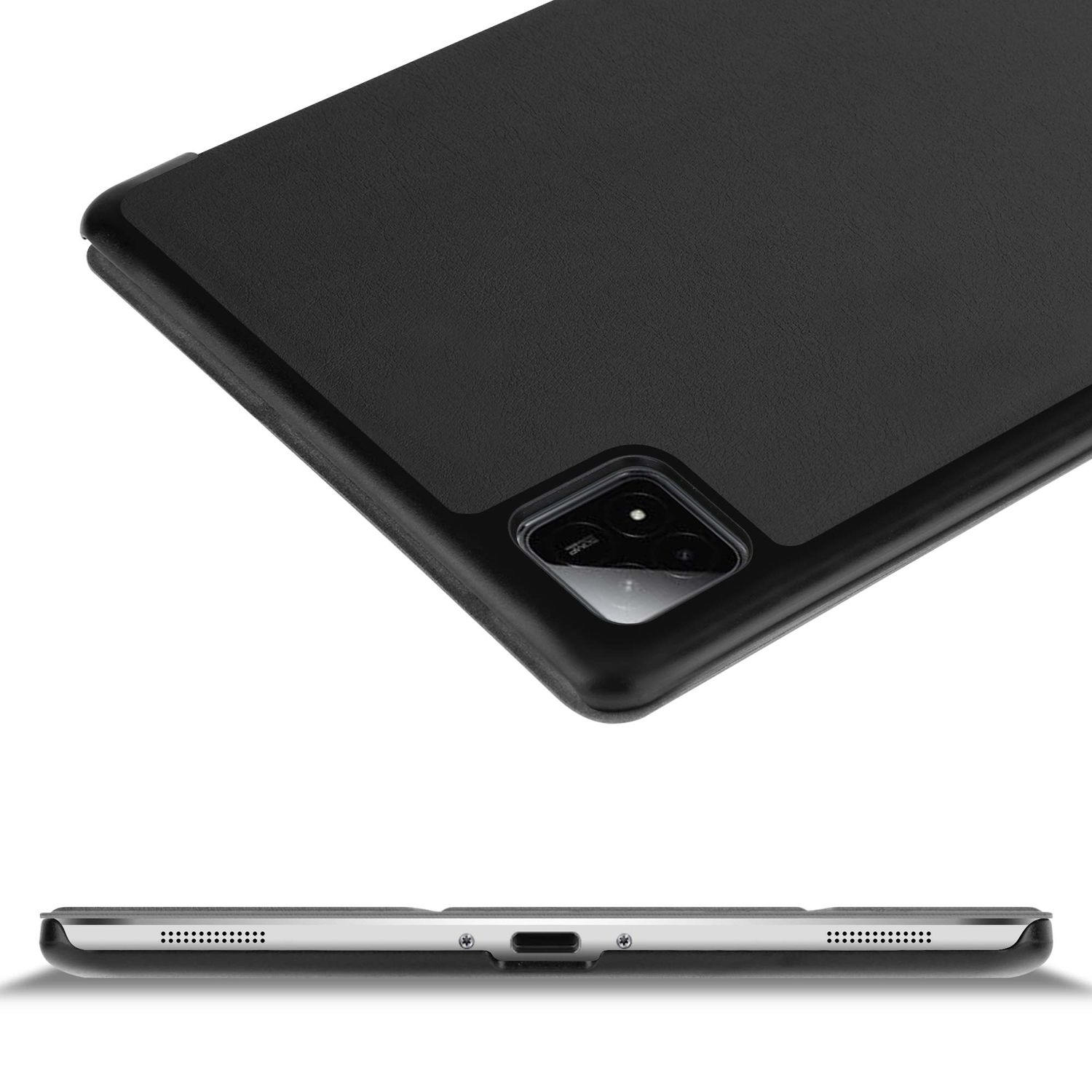 Schwarze Tablet-Hülle mit Kamera. Die Hülle ist offen und hat eine strukturierte Oberfläche, mit weißem Hintergrund.