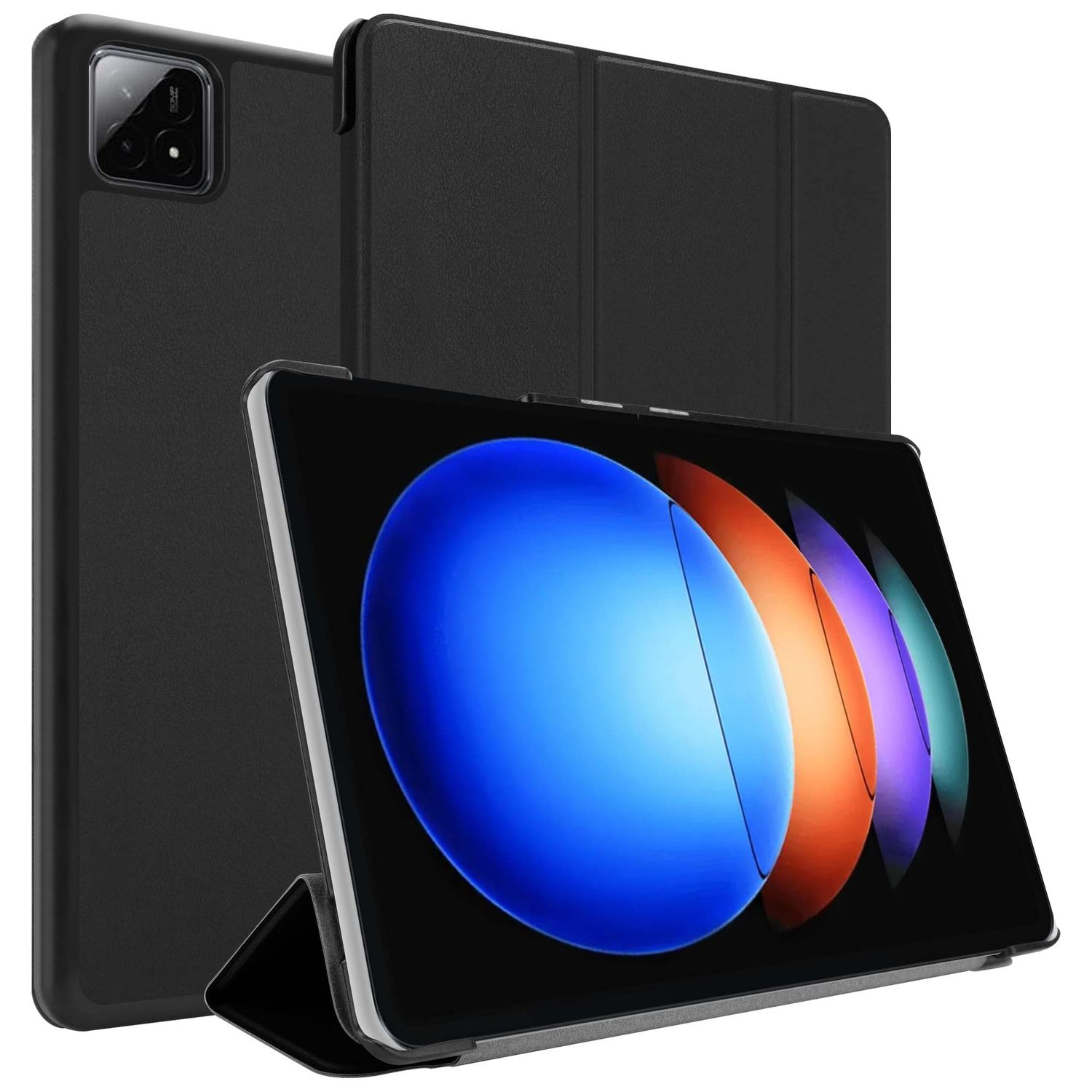 Schwarzes Tablet mit farbenfrohem Bildschirm, in einer schwarzen Hülle. Das Tablet wird mit der Hülle aufgestellt. Ein weiteres Tablet befindet sich im Hintergrund.