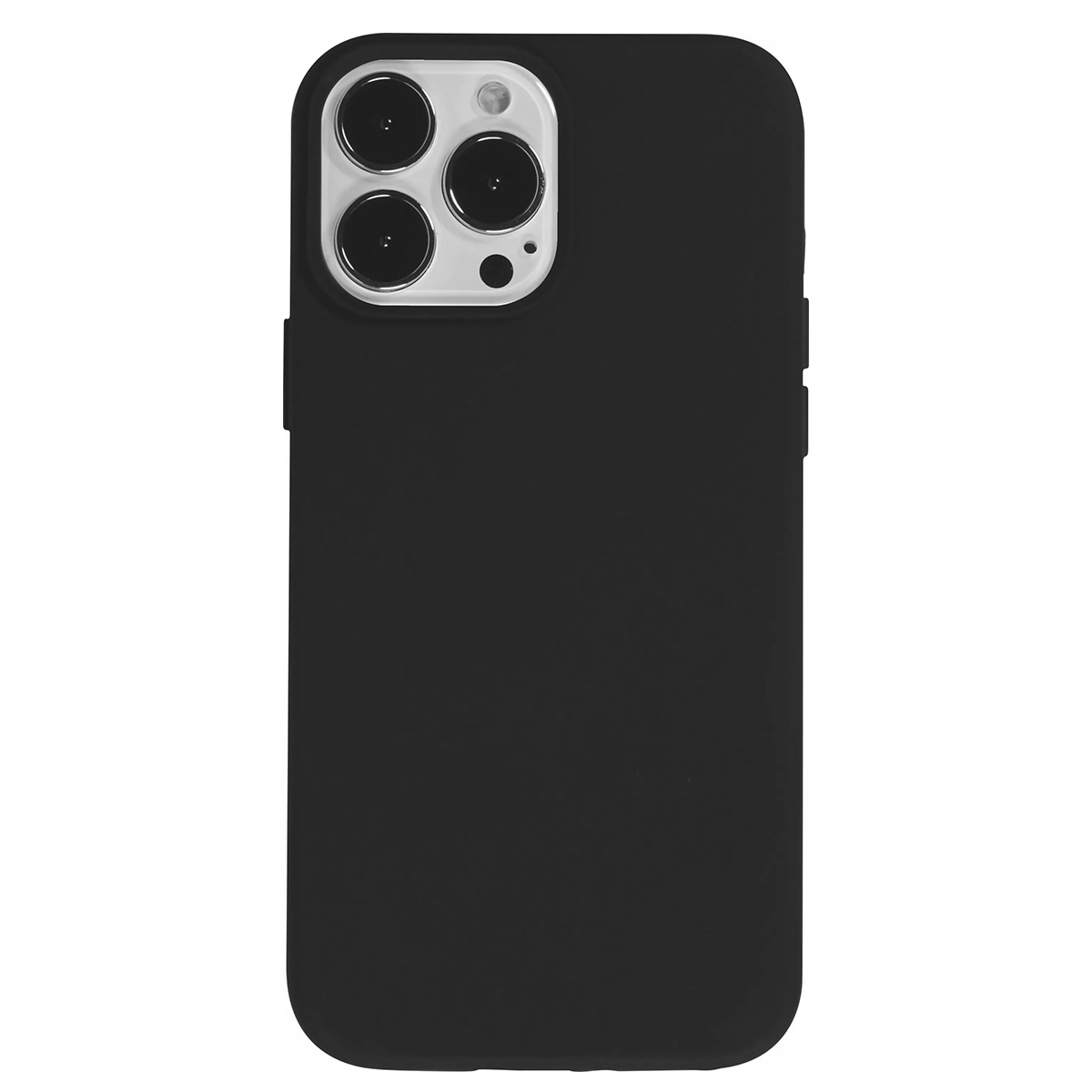 Una custodia nera per telefono con modulo fotocamera. Il modulo ha tre lenti e un flash. Lo sfondo è bianco.