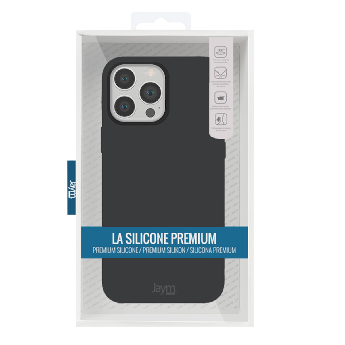 Una custodia nera per telefono in una scatola trasparente. Testo: 'LA SILICONE PREMIUM'. Marchio 'Jaym'.