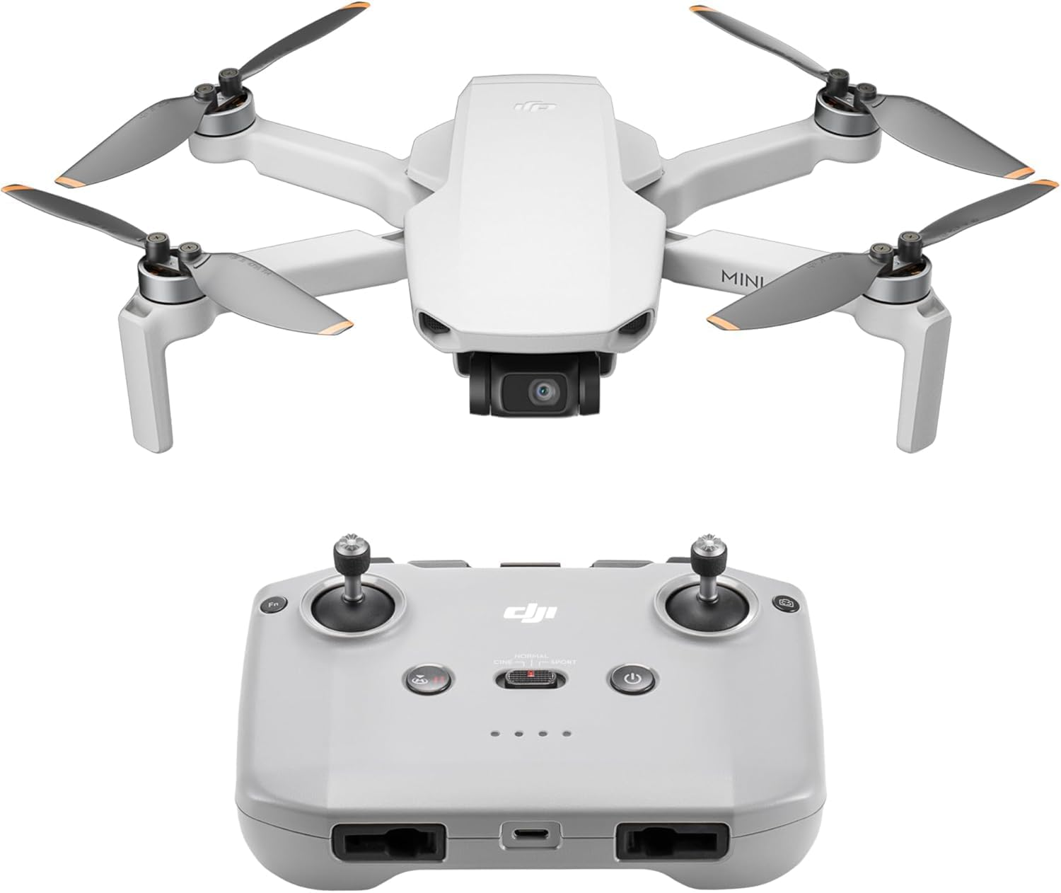 Dört pervaneli ve kameralı beyaz bir drone, altında gri kontrol cihazı. Drone üzerinde 'MINI' kelimesi görünür.