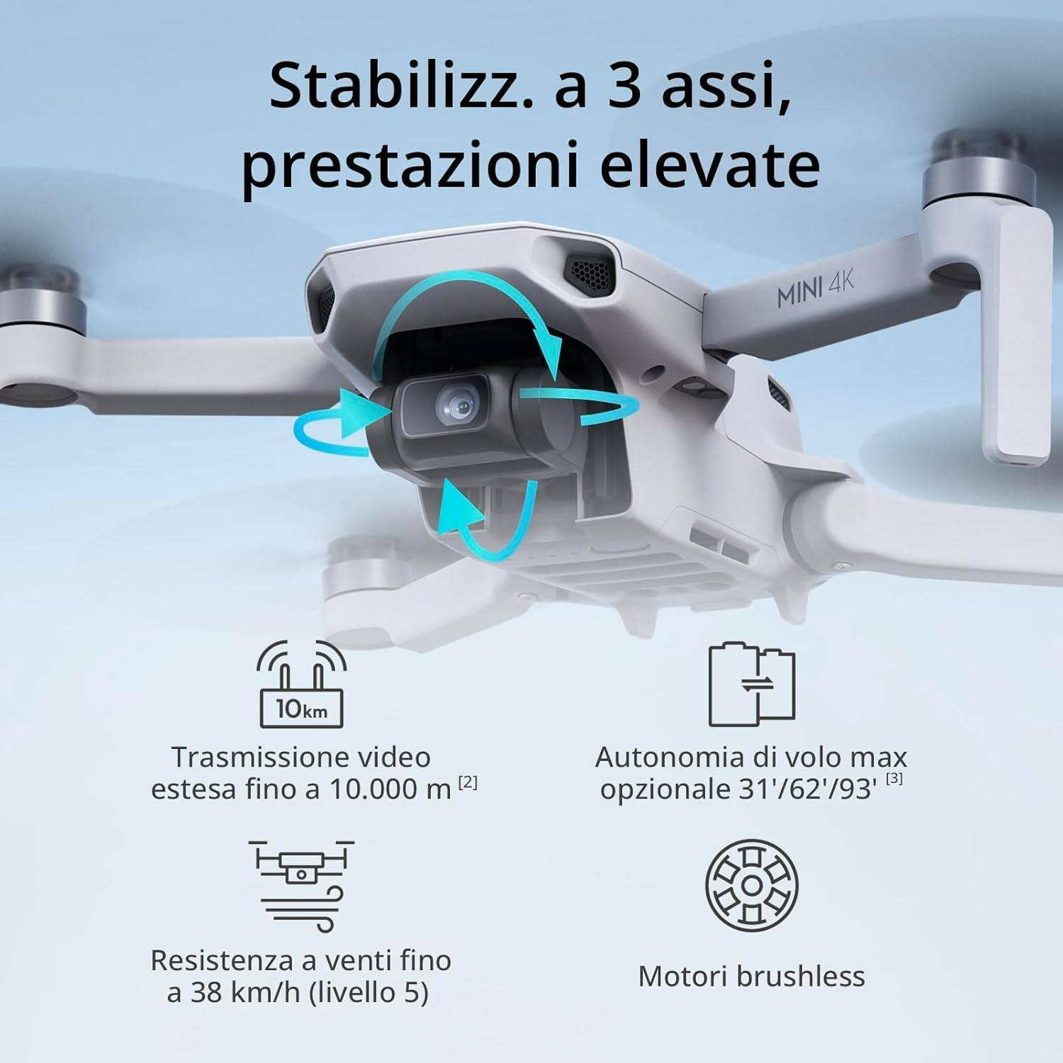 Siyah kamerası, mavi okları ve 10 km menzil, rüzgar direnci ve fırçasız motorlar gibi özellikler hakkında metin içeren beyaz bir drone.