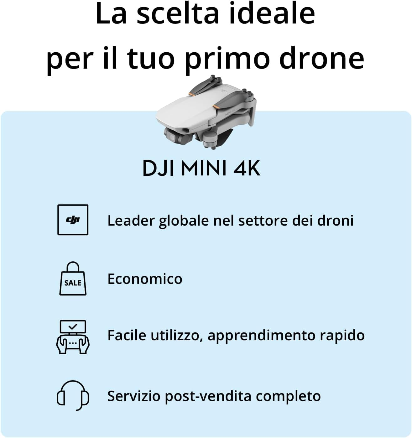 Beyaz DJI Mini 4K drone, metin: 'La scelta ideale...', 'DJI MINI 4K' ve metinli simgeler: Economico, Facile utilizzo, vb.