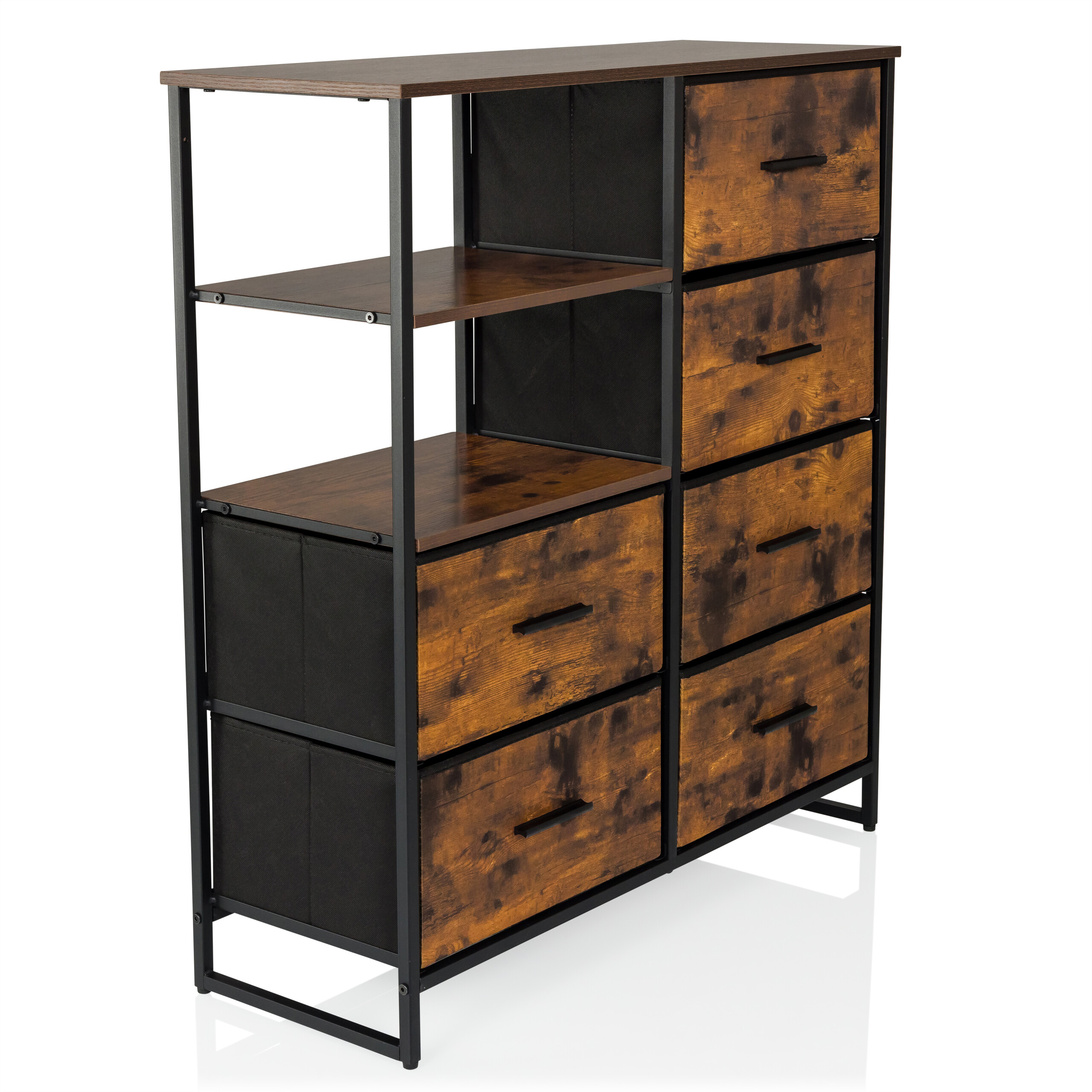 Ein Holzschrank mit Schubladen und offenen Regalen. Er hat ein schwarzes Metallgestell. Die Schubladen haben eine Holzmaserung.