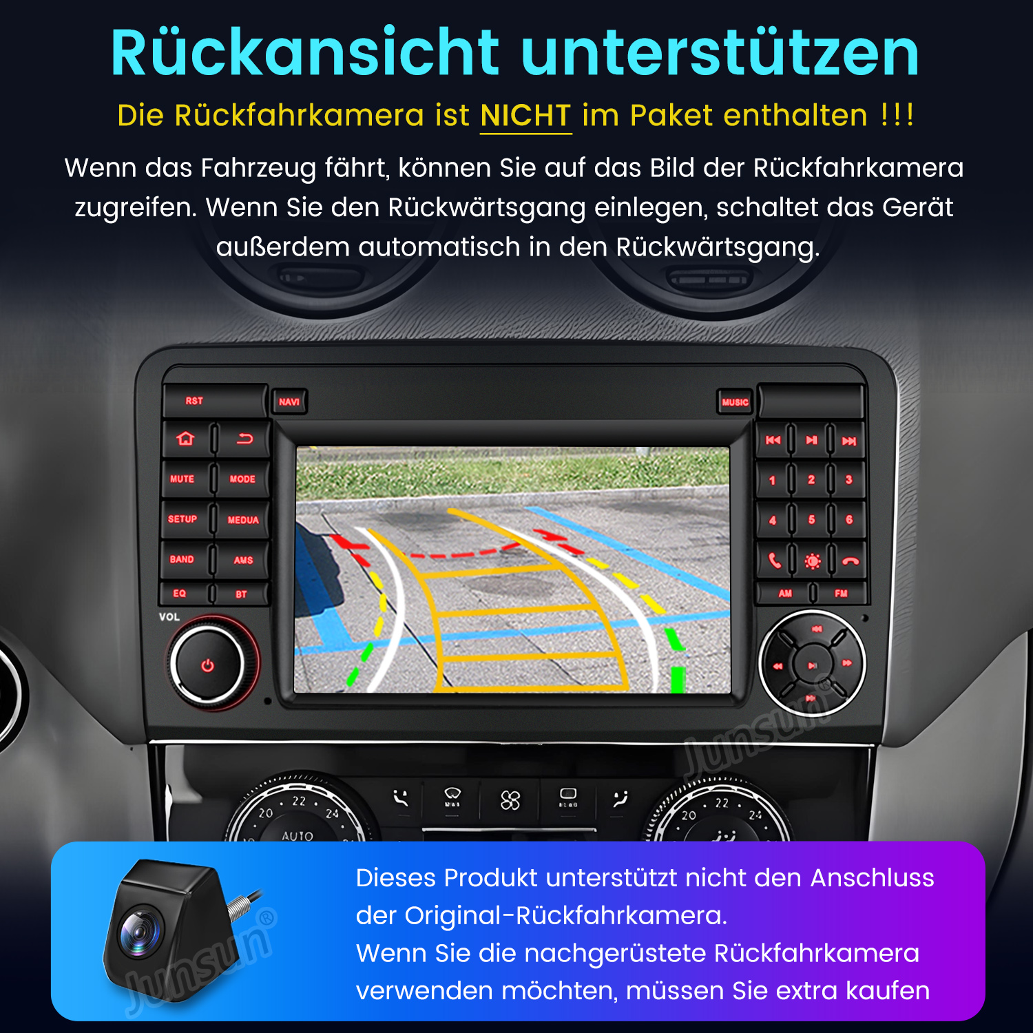 Autarmaturenbrett mit Bildschirm, der eine Parkansicht zeigt. Knöpfe, Zifferblätter und eine Rückfahrkamera sind sichtbar.