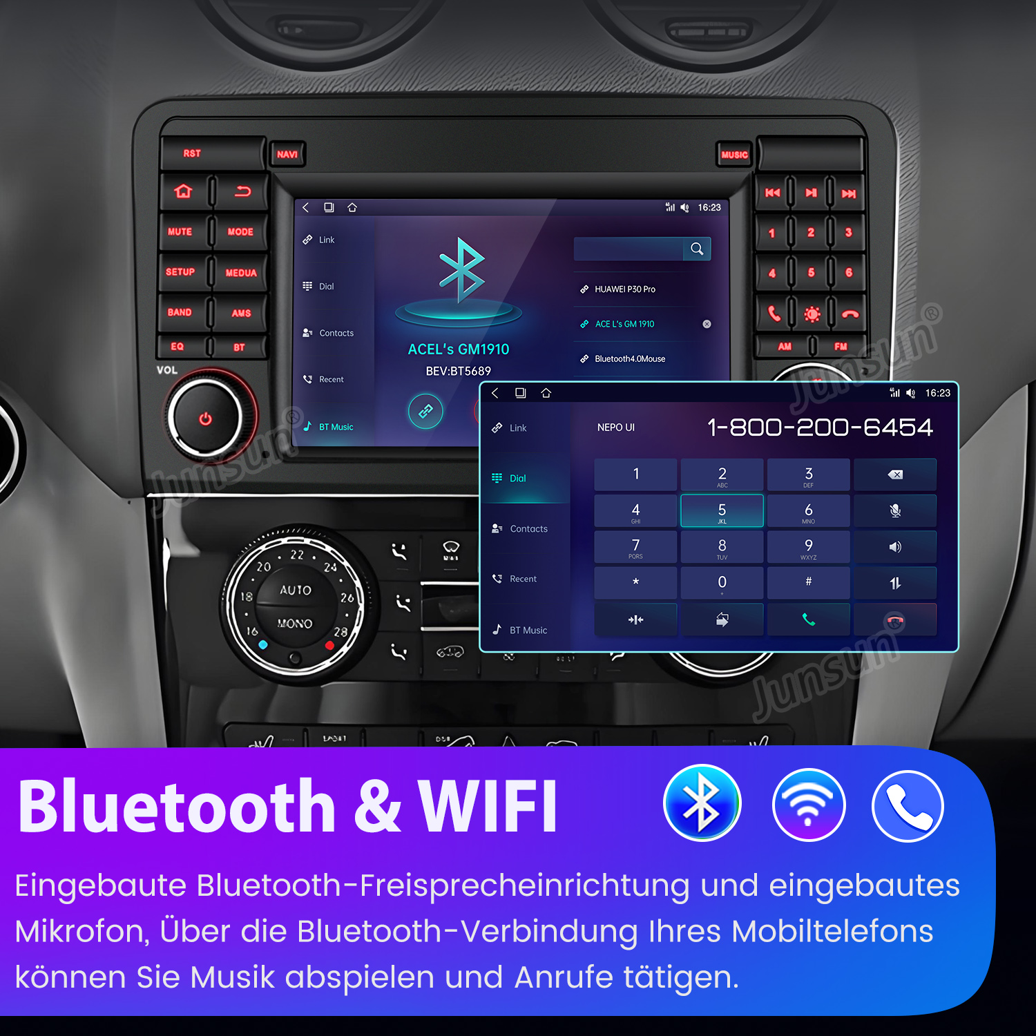 Autodisplay mit Telefontastatur und Bluetooth- und WLAN-Symbolen, Text auf Englisch und Deutsch.