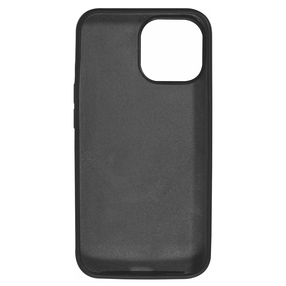 Una custodia nera per telefono con apertura per la fotocamera. La custodia è rettangolare con angoli arrotondati. È su sfondo bianco.