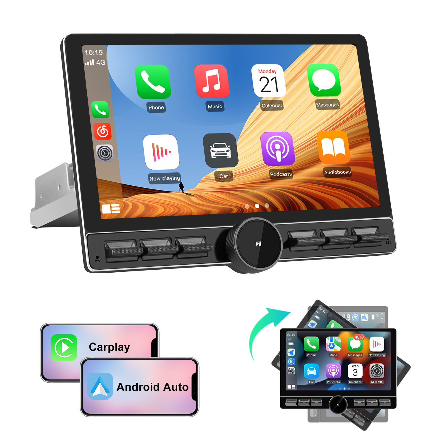 Autoradio-Bildschirm mit Apps für Telefon, Musik, Kalender, Nachrichten, Podcasts und Hörbücher. Zeigt CarPlay- und Android Auto-Kompatibilität.