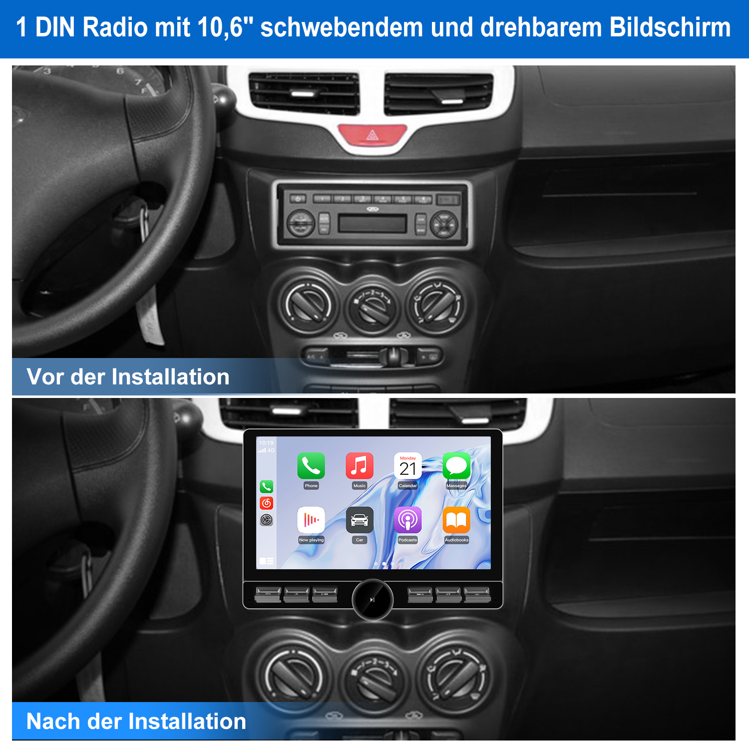 Armaturenbrett des Autos mit Radio vor und nach der Installation eines Touchscreen-Displays. Der neue Bildschirm zeigt App-Symbole.