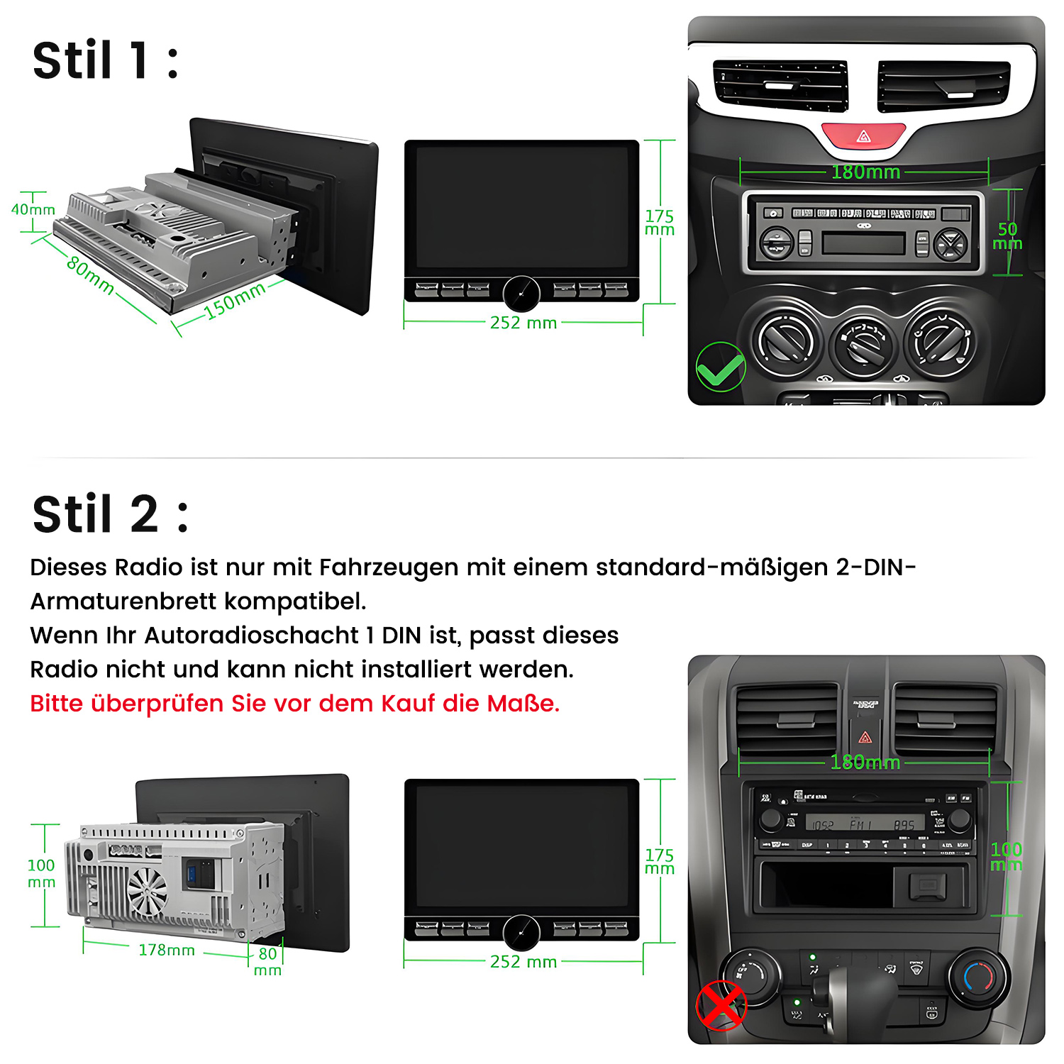 Das Bild zeigt Autoradiostile. Stil 1 zeigt Messungen und ein eingebautes Radio. Stil 2 zeigt Maße und Installationsprobleme.