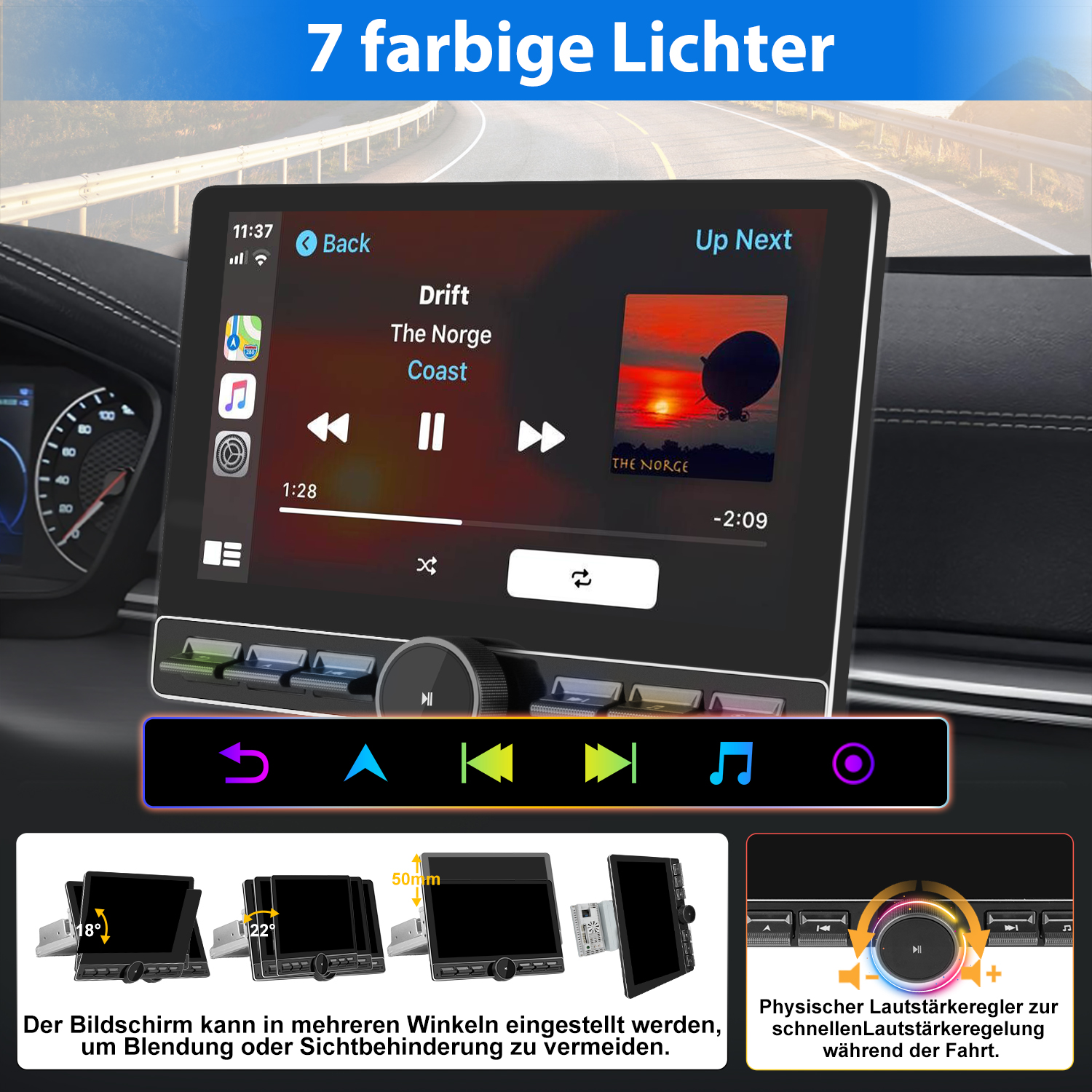 Auto-Infotainment-System mit Bildschirm, der Musiksteuerungen anzeigt. Das Bild zeigt einen Bildschirm mit einem Song und Knöpfen.