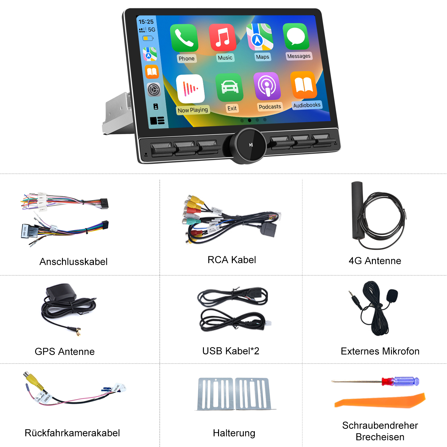 Ein Auto-Multimedia-System mit Bildschirm. Zubehör umfasst Kabel, Antennen, ein Mikrofon und Werkzeuge für die Installation.