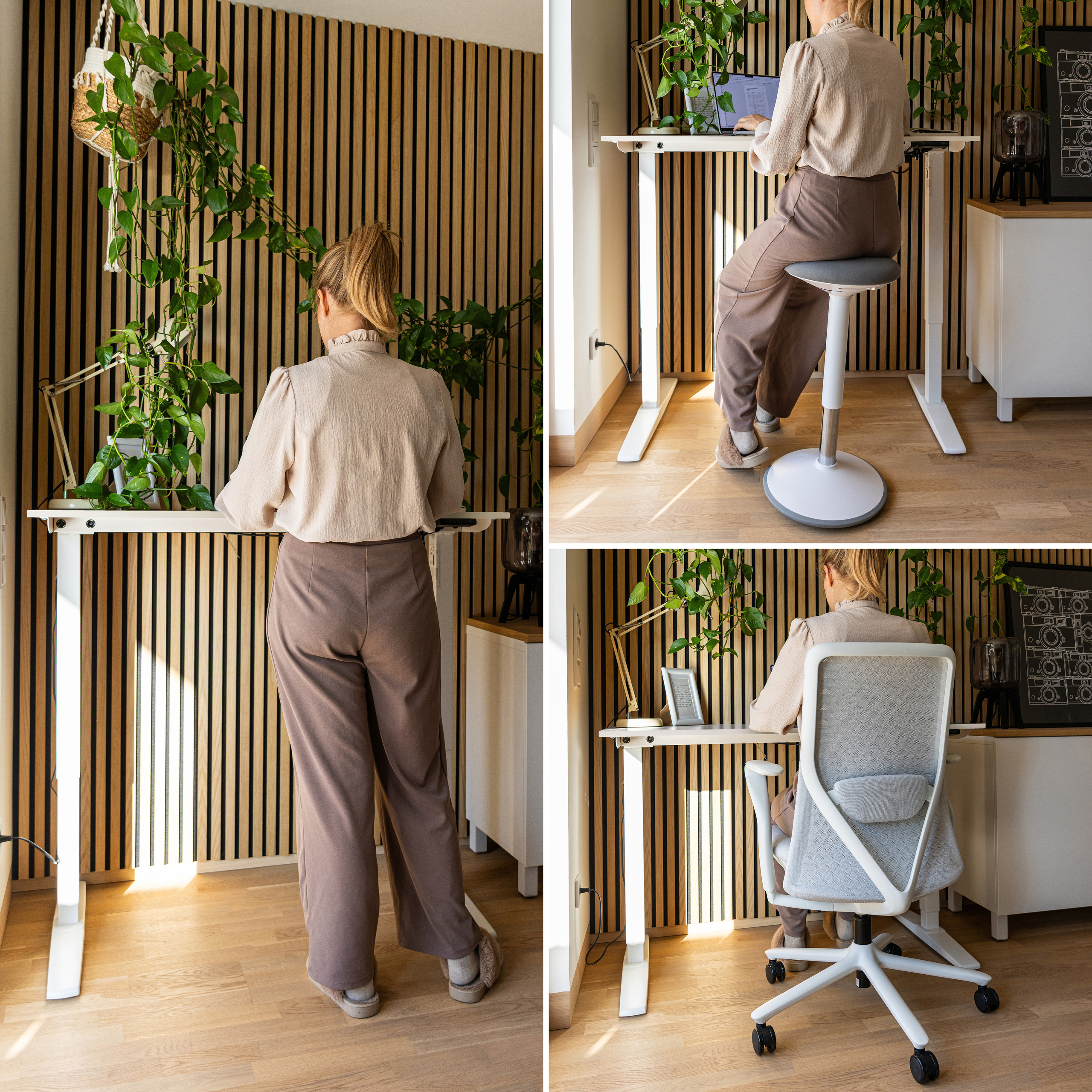 Frau am Schreibtisch, arbeitet an einem Laptop. Pflanzen, Lampe und Stuhl sind sichtbar. Holzwand und -boden sind auch gezeigt.