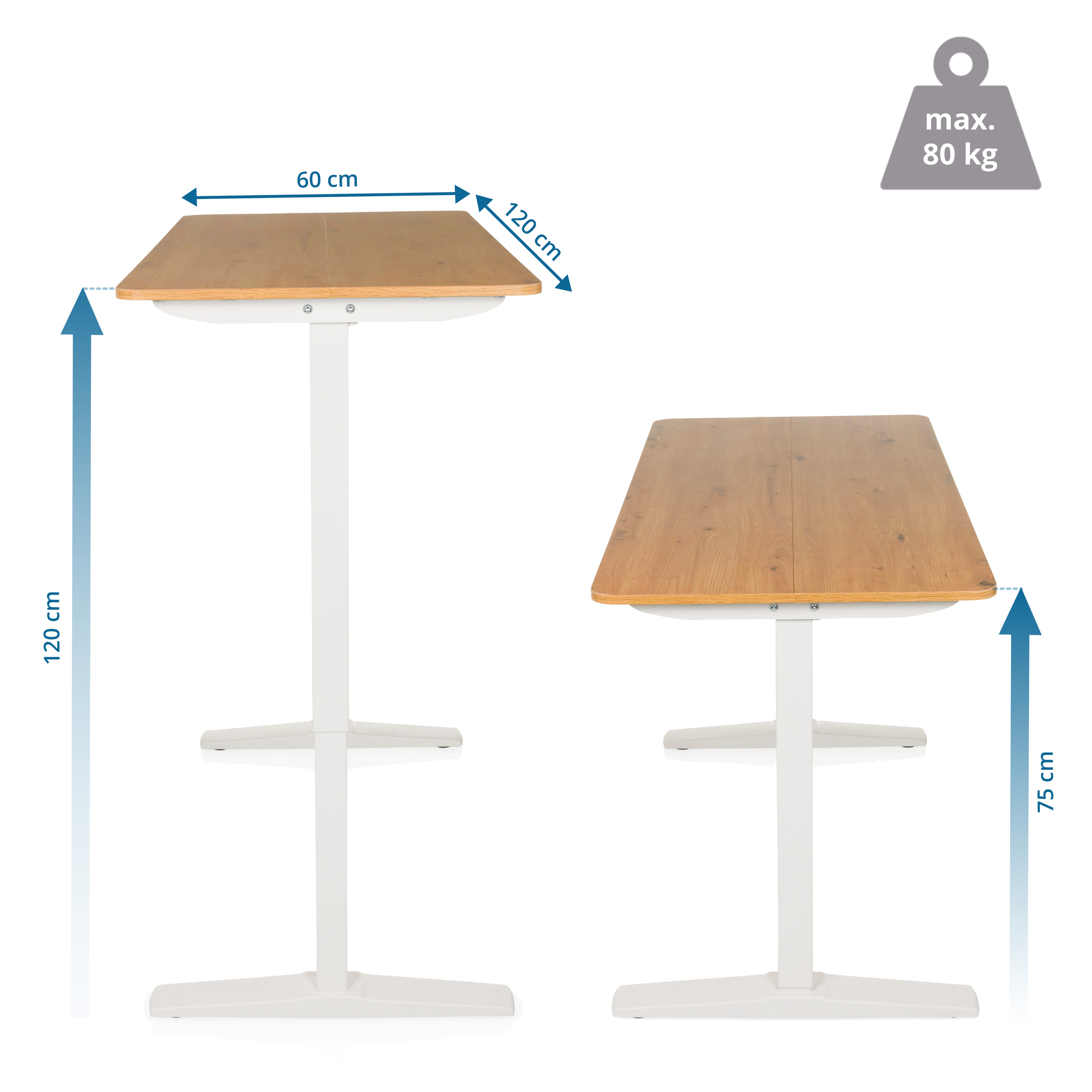 Zwei weiße Tische mit Holzplatten werden angezeigt. Die Abmessungen sind: 120 cm Höhe, 60 cm Breite und 75 cm Höhe.