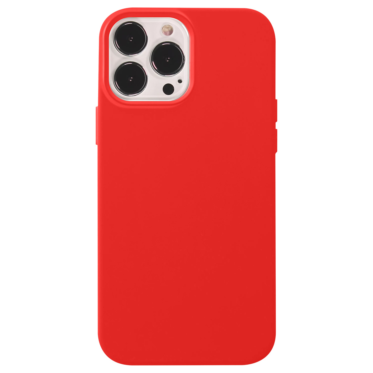 Una custodia rossa per iPhone con obiettivi della fotocamera visibili in alto. La custodia è di colore rosso pieno e ha angoli arrotondati.